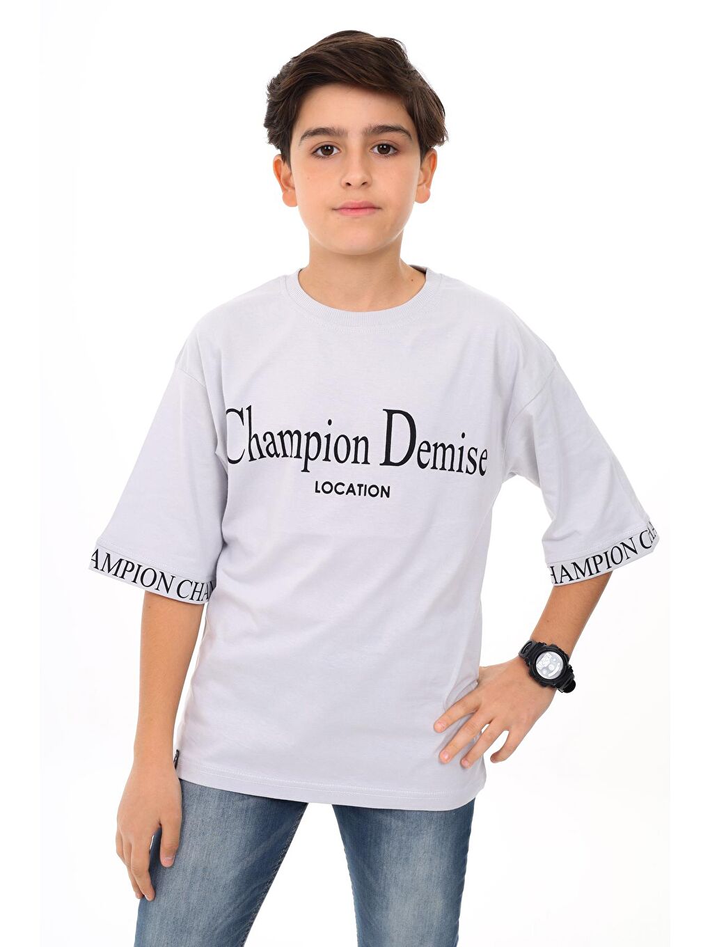 Gri Erkek Çocuk Kol Uçları Yazı Baskılı T-Shirt 9-14 Yaş Lx7060