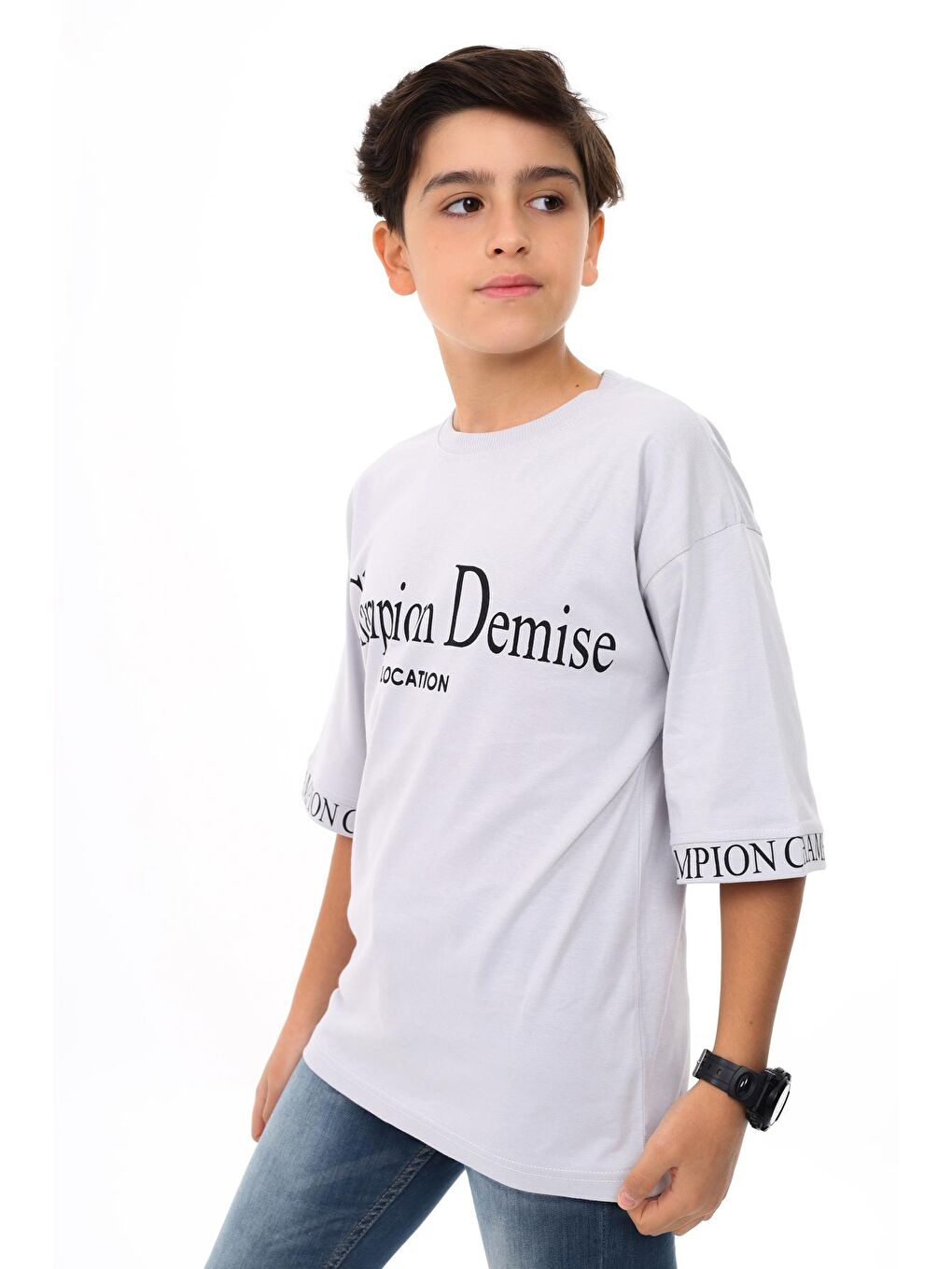 Gri Erkek Çocuk Kol Uçları Yazı Baskılı T-Shirt 9-14 Yaş Lx7060-1
