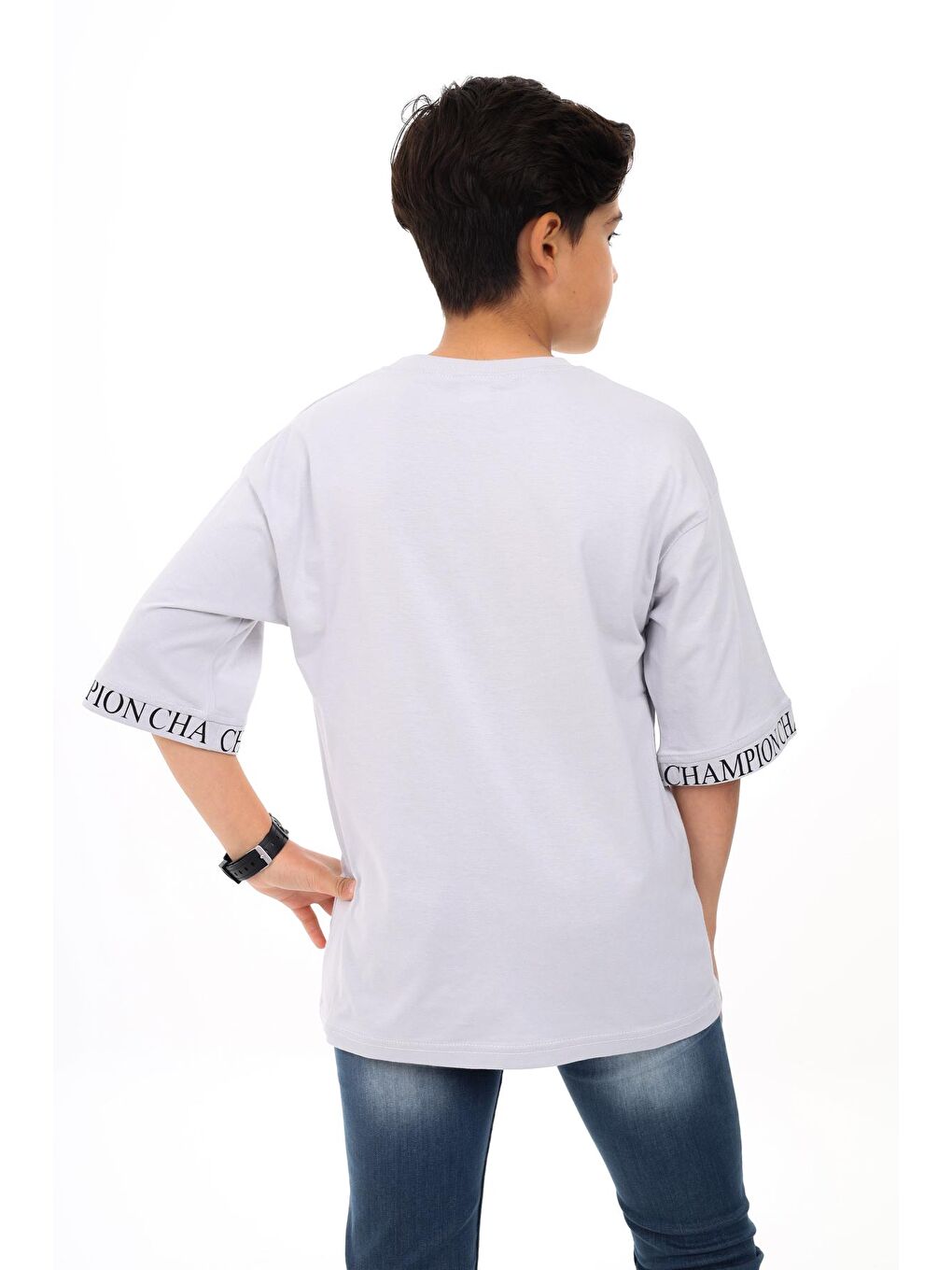 Gri Erkek Çocuk Kol Uçları Yazı Baskılı T-Shirt 9-14 Yaş Lx7060-2