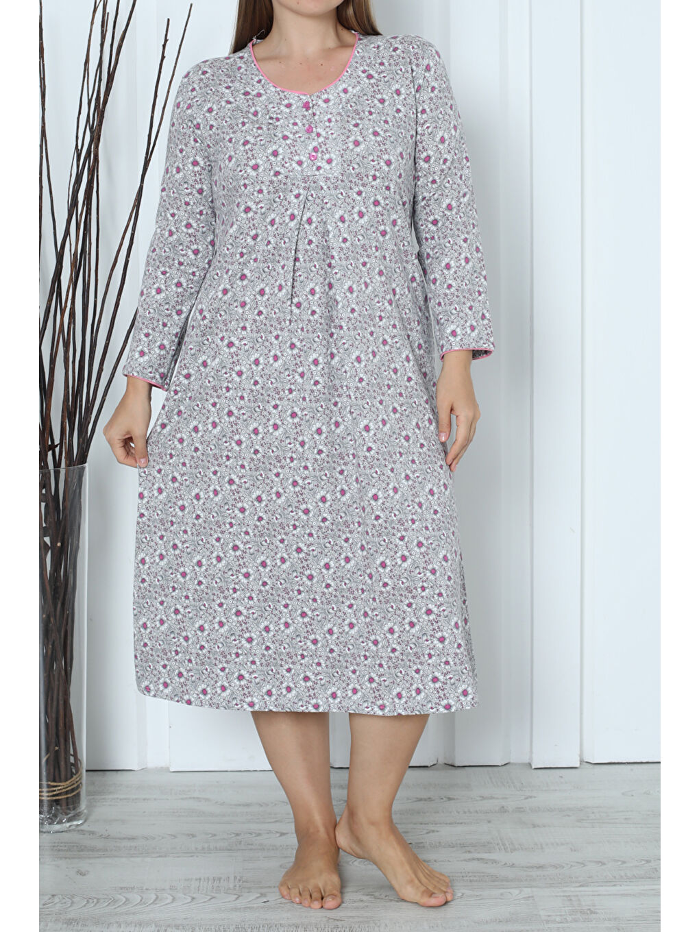 Bej Kadın Tunik Uzun Gecelik Uzun Kollu Büyük Beden Pamuklu VİZON