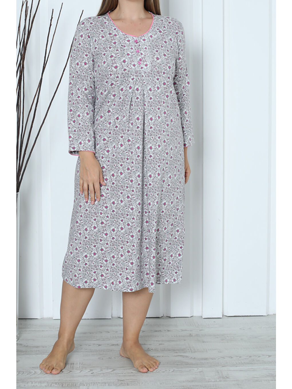 Bej Kadın Tunik Uzun Gecelik Uzun Kollu Büyük Beden Pamuklu VİZON-1