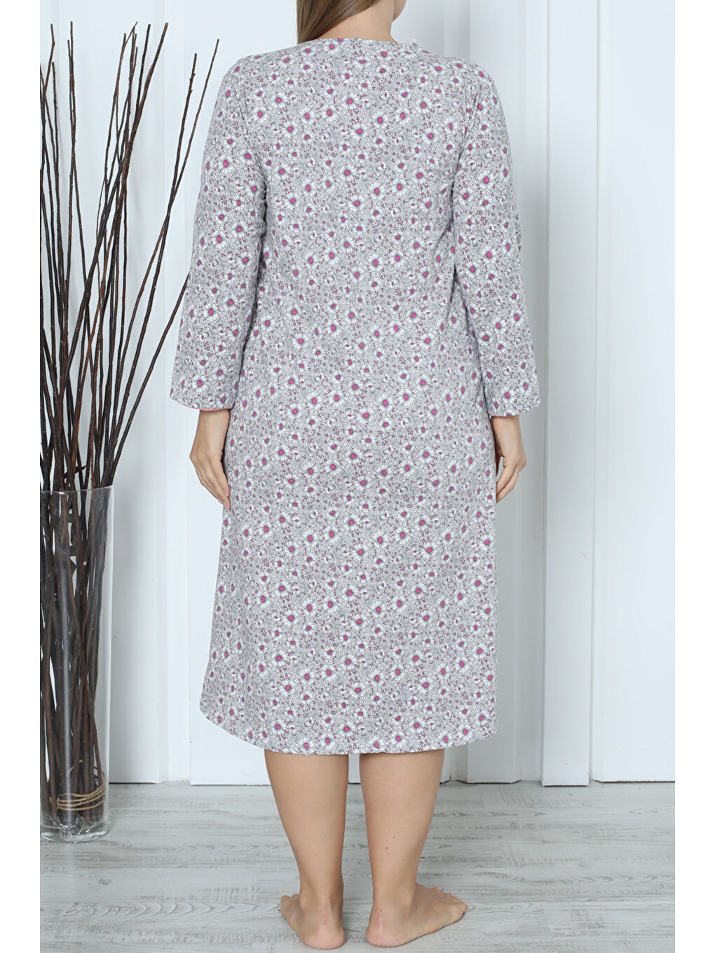 Bej Kadın Tunik Uzun Gecelik Uzun Kollu Büyük Beden Pamuklu VİZON-2