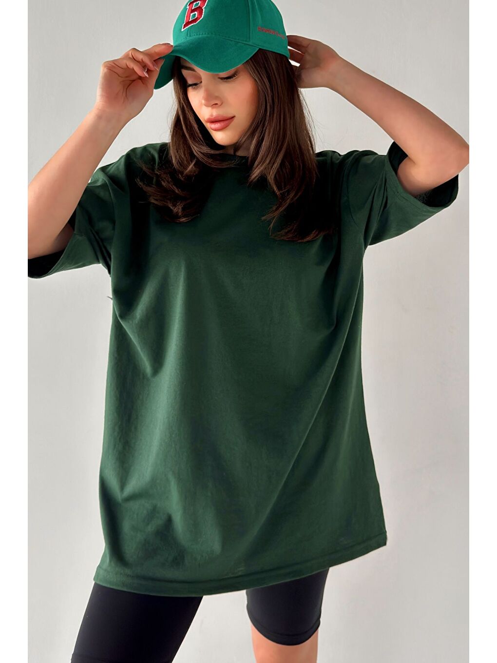 Kadın Düz Renk Nefti Yeşil Oversize Tişört