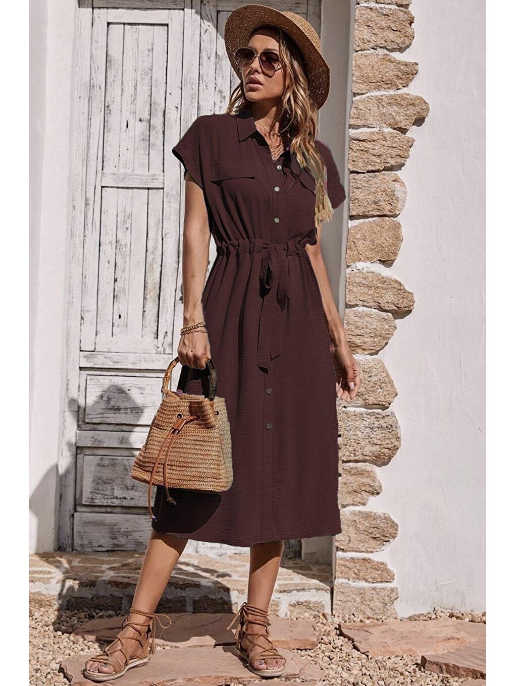 Bordo Gömlek Yaka Uzun Elbise Mg1743