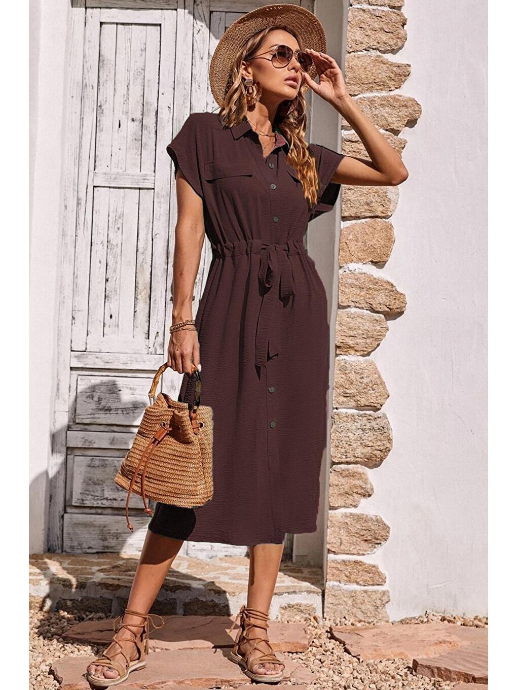 Bordo Gömlek Yaka Uzun Elbise Mg1743-1
