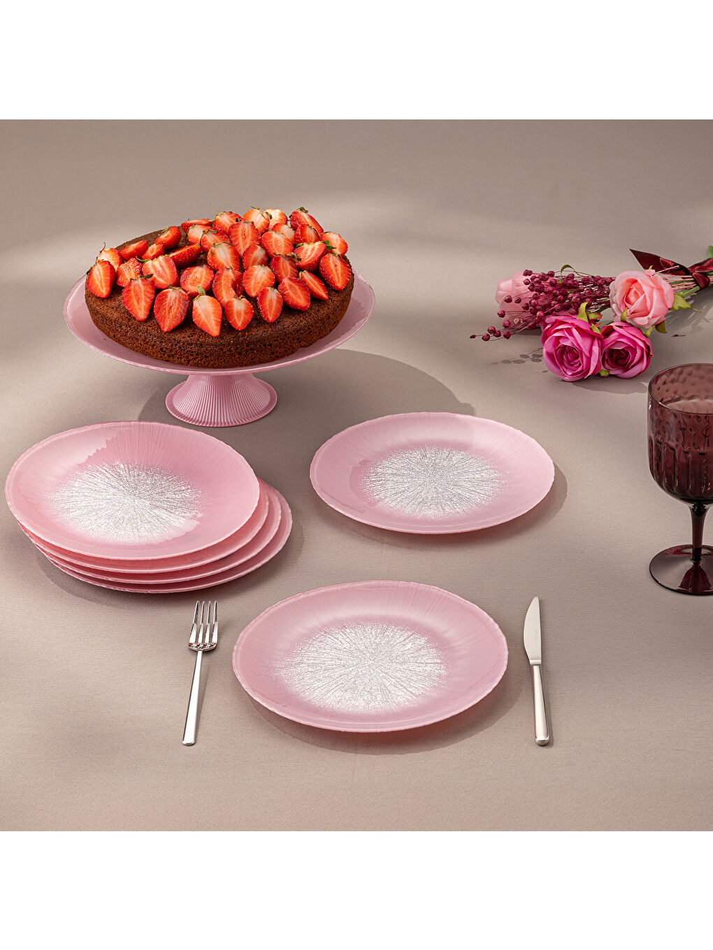 Pastel 7 Parça Cam Pasta / Tatlı Seti Pembe-6