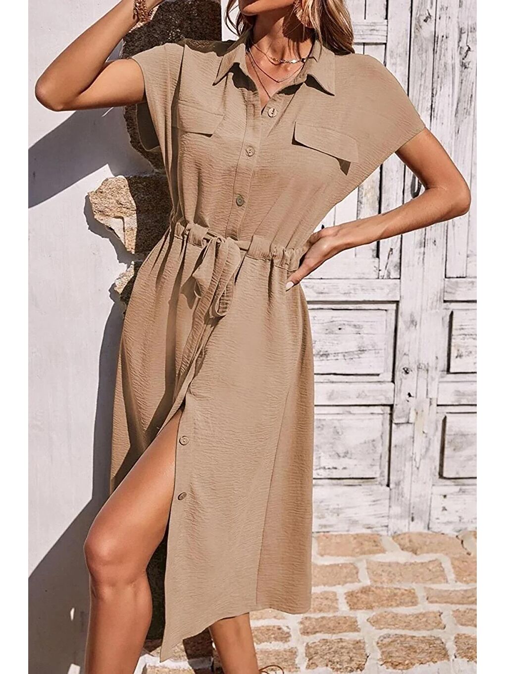 Bej Gömlek Yaka Uzun Elbise Mg1743-1