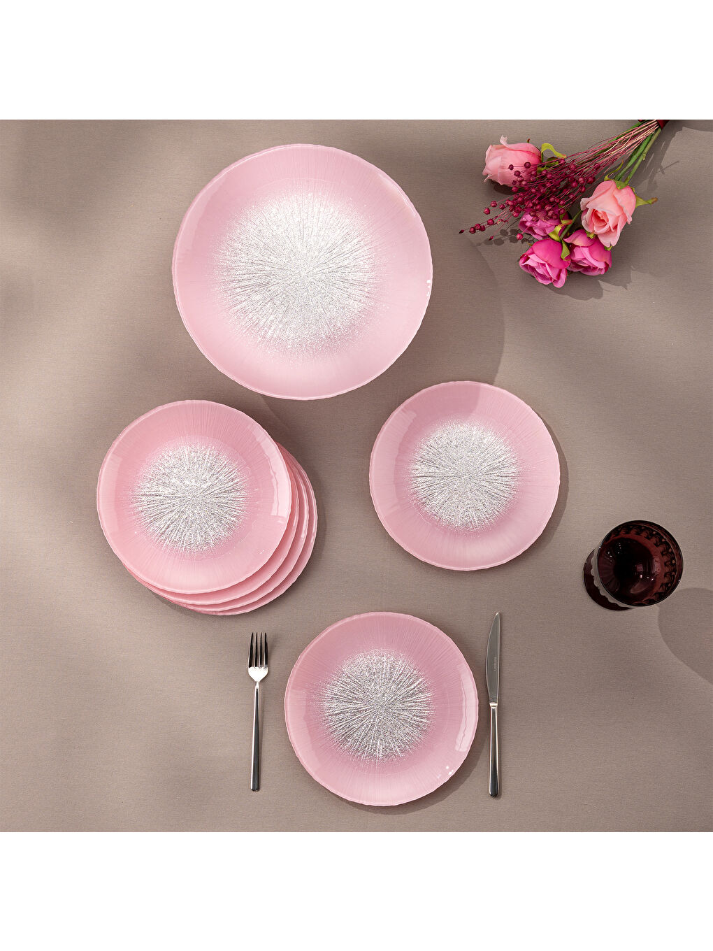 Pastel 7 Parça Cam Pasta / Tatlı Seti Pembe-7