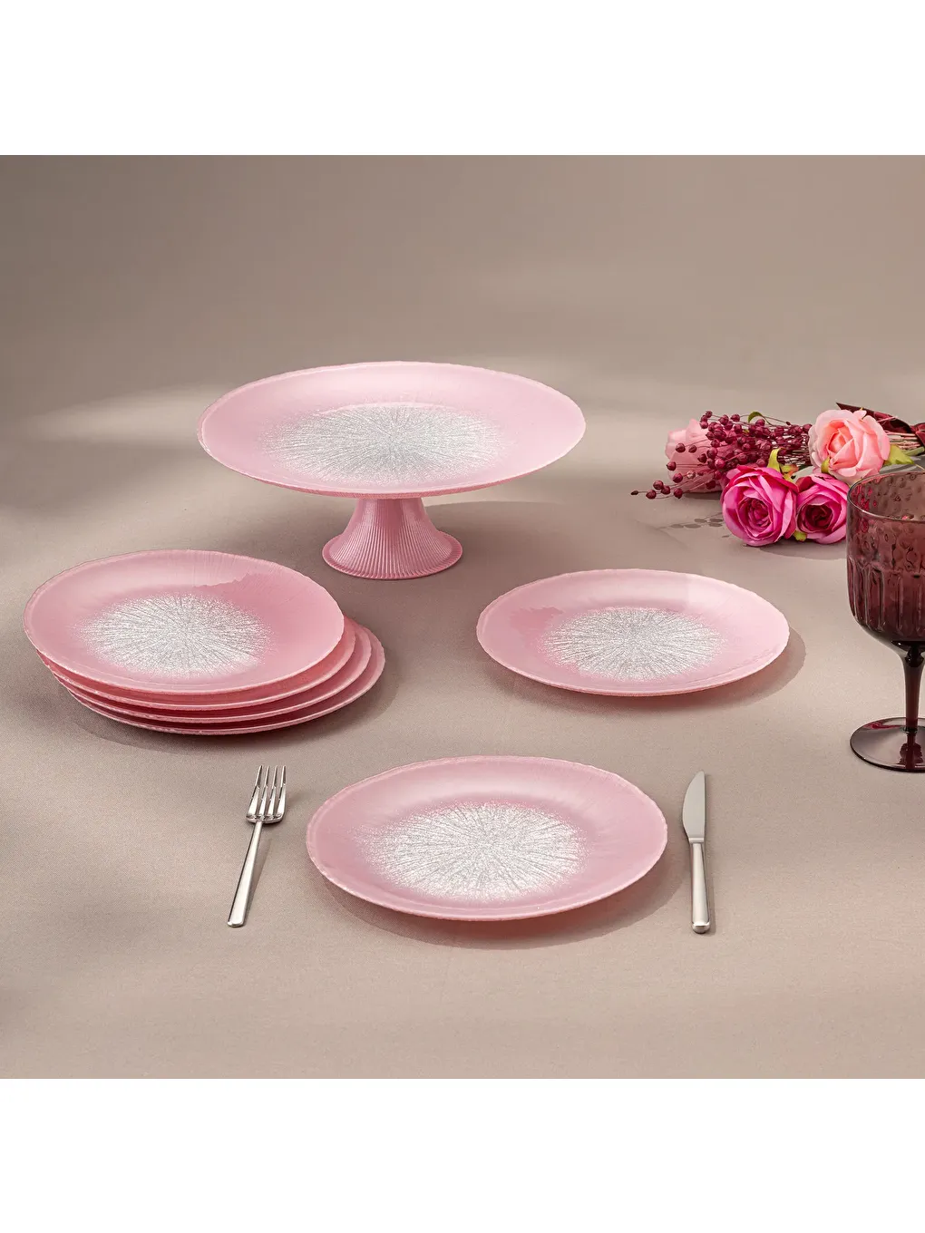 Pastel 7 Parça Cam Pasta / Tatlı Seti Pembe-8