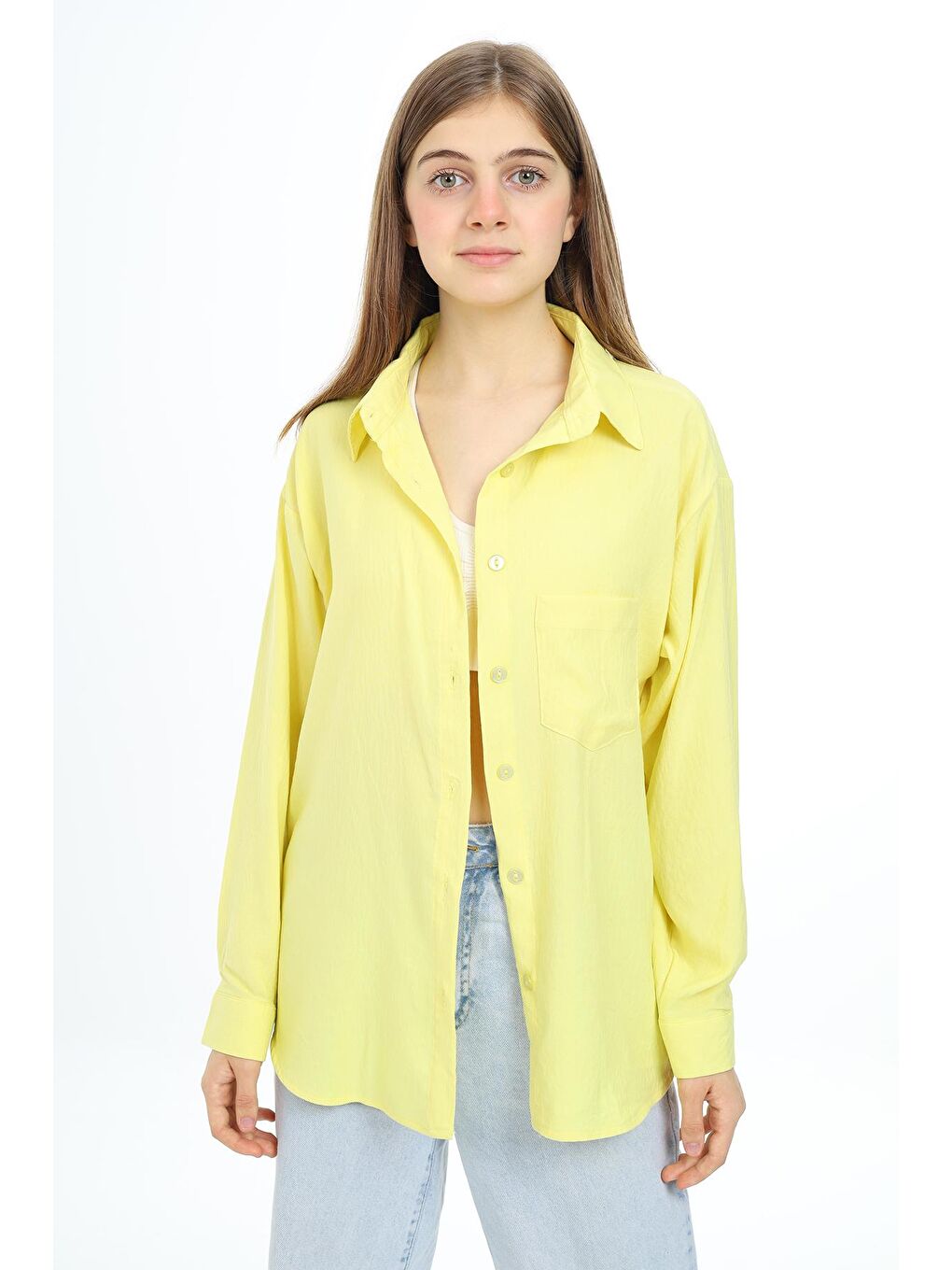 Sarı Kız Çocuk Flamlı Pamuk Gömlek 8-14 Yaş LX308-1