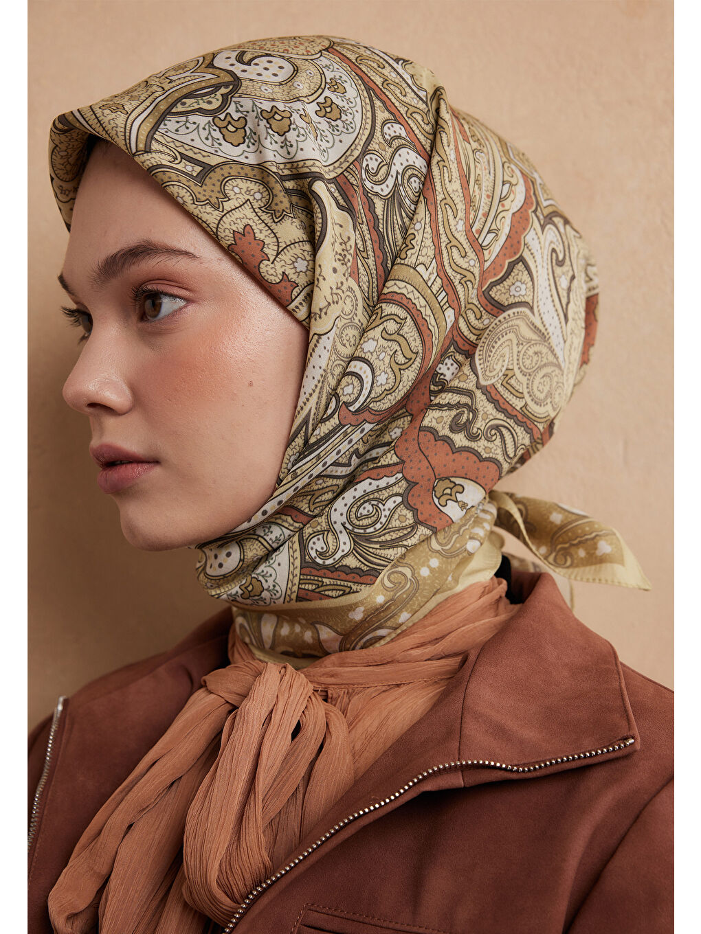 Sarı Sıara Desen Pamuk İpek Eşarp Tereyağı-3