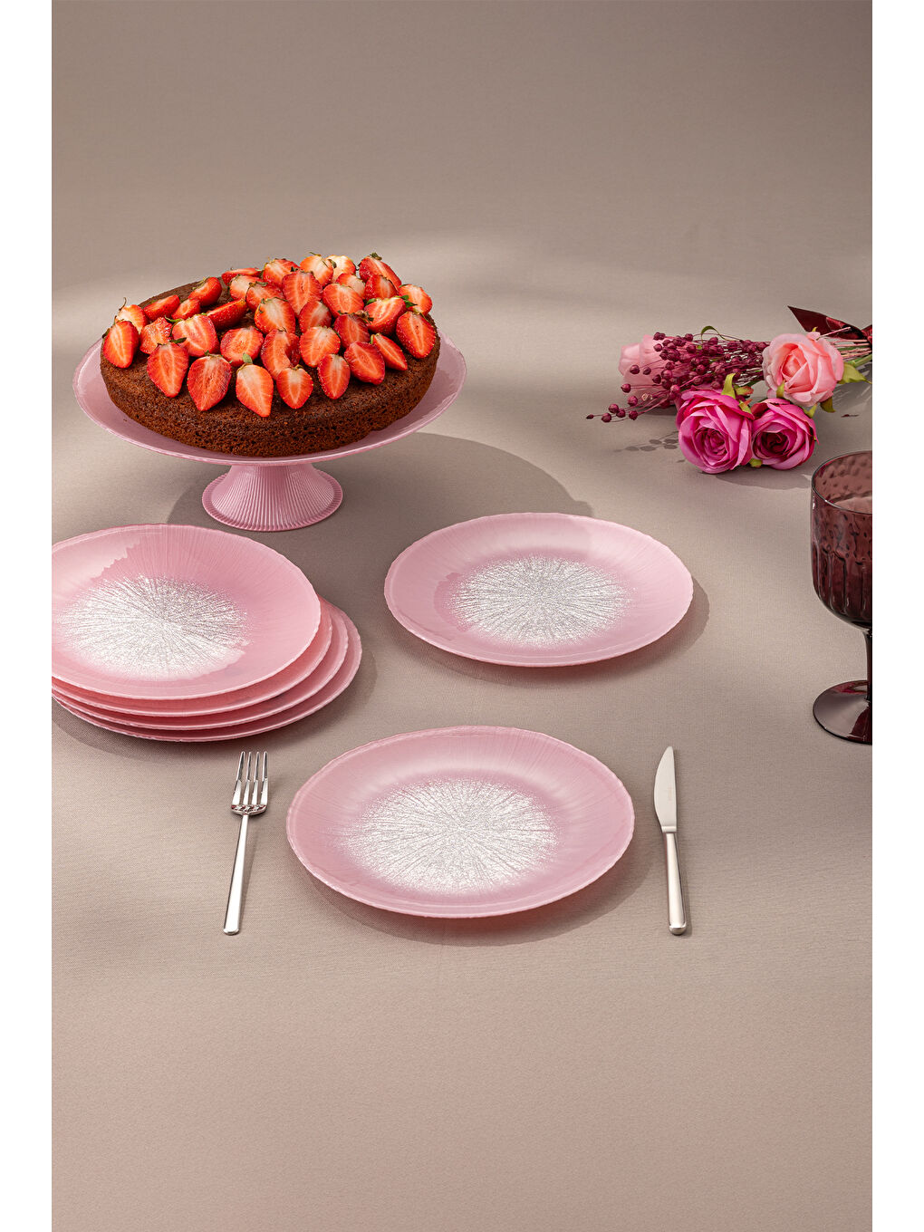 Pastel 7 Parça Cam Pasta / Tatlı Seti Pembe-1