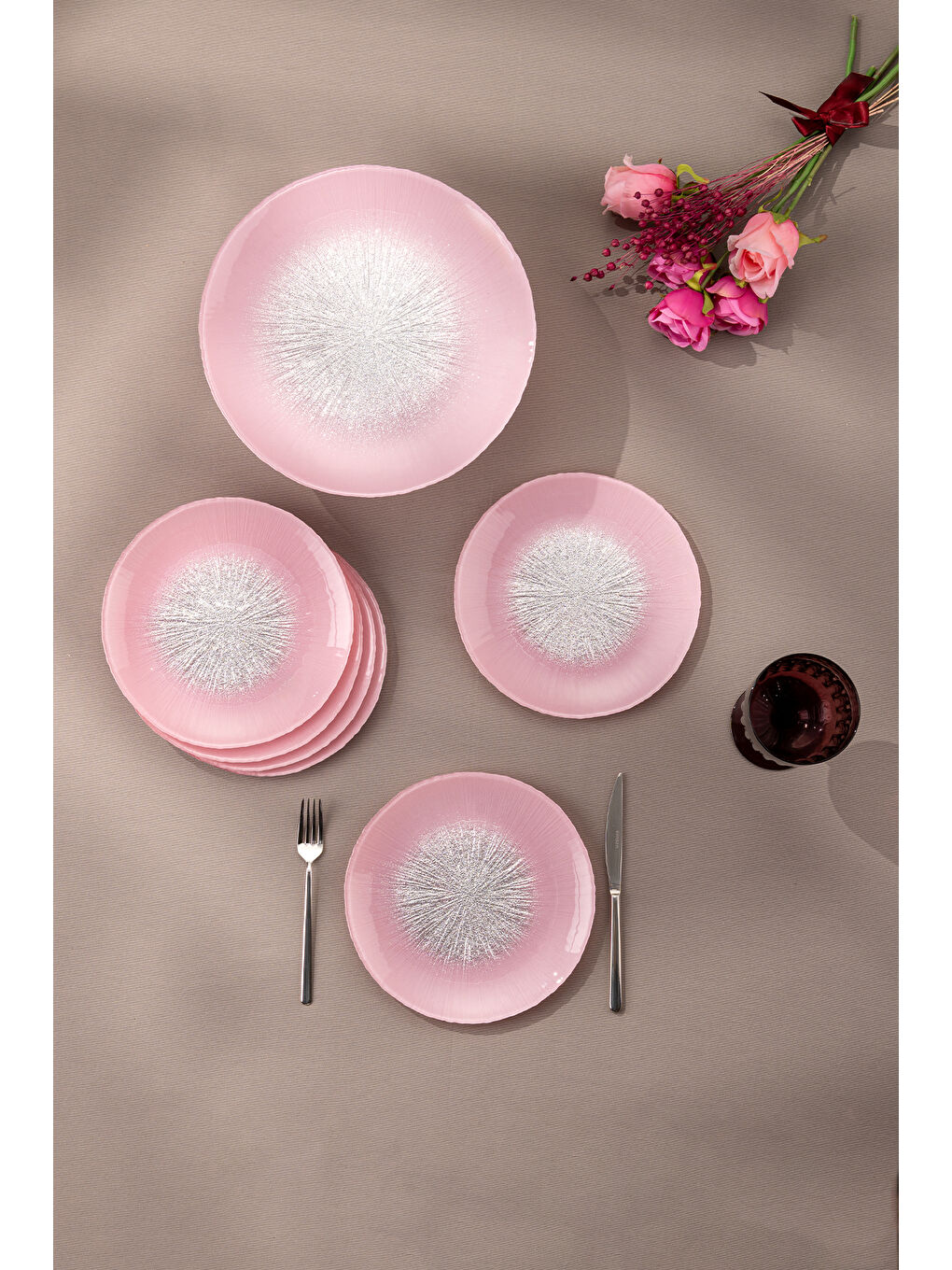 Pastel 7 Parça Cam Pasta / Tatlı Seti Pembe-3