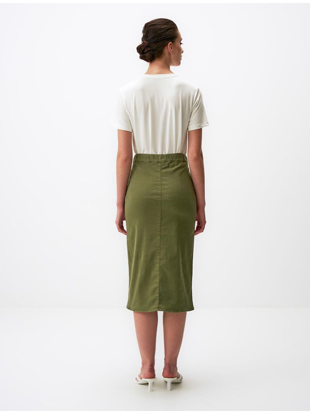 Haki Cepli Yırtmaç Detaylı Midi Gabardin Etek-5