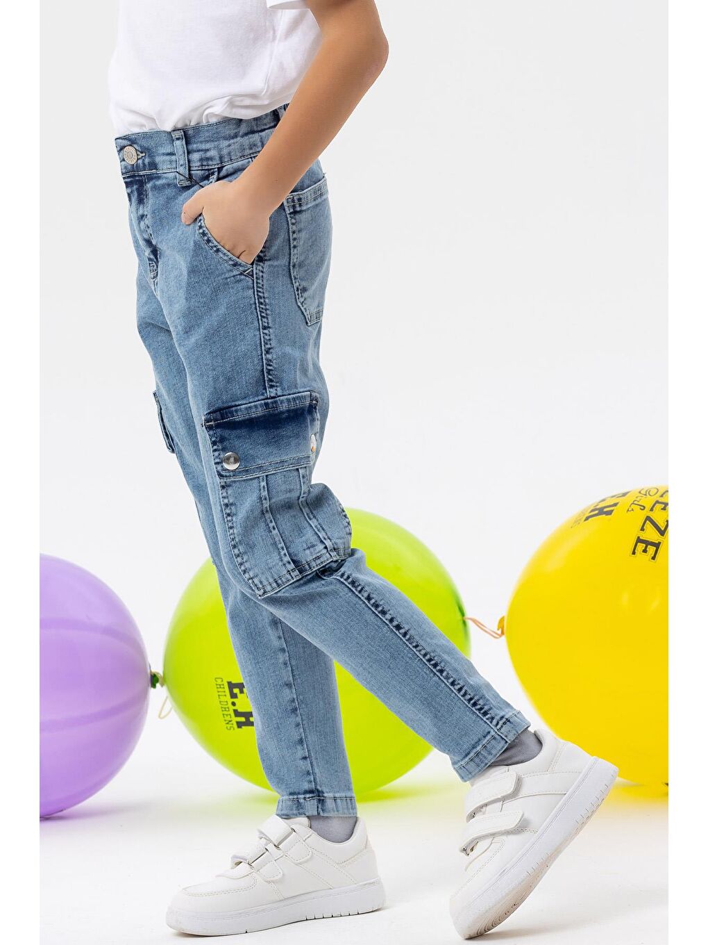 Erkek Çocuk Jean Pantolon Kargo Cepli Çıtçıtlı Mavi (10-14 Yaş)-1
