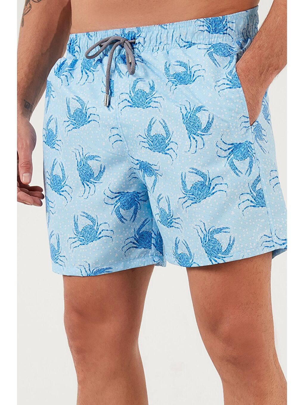 Turkuaz Desenli Deniz Şortu Belden Bağlamalı Cepli Erkek Mayo Short 3800283-2