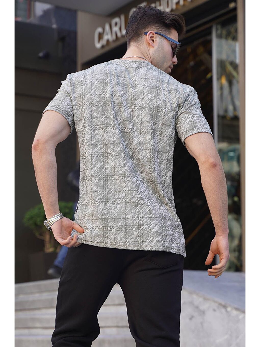 Mint Yeşili Desenli Bisiklet Yaka Erkek Tişört 6070-1