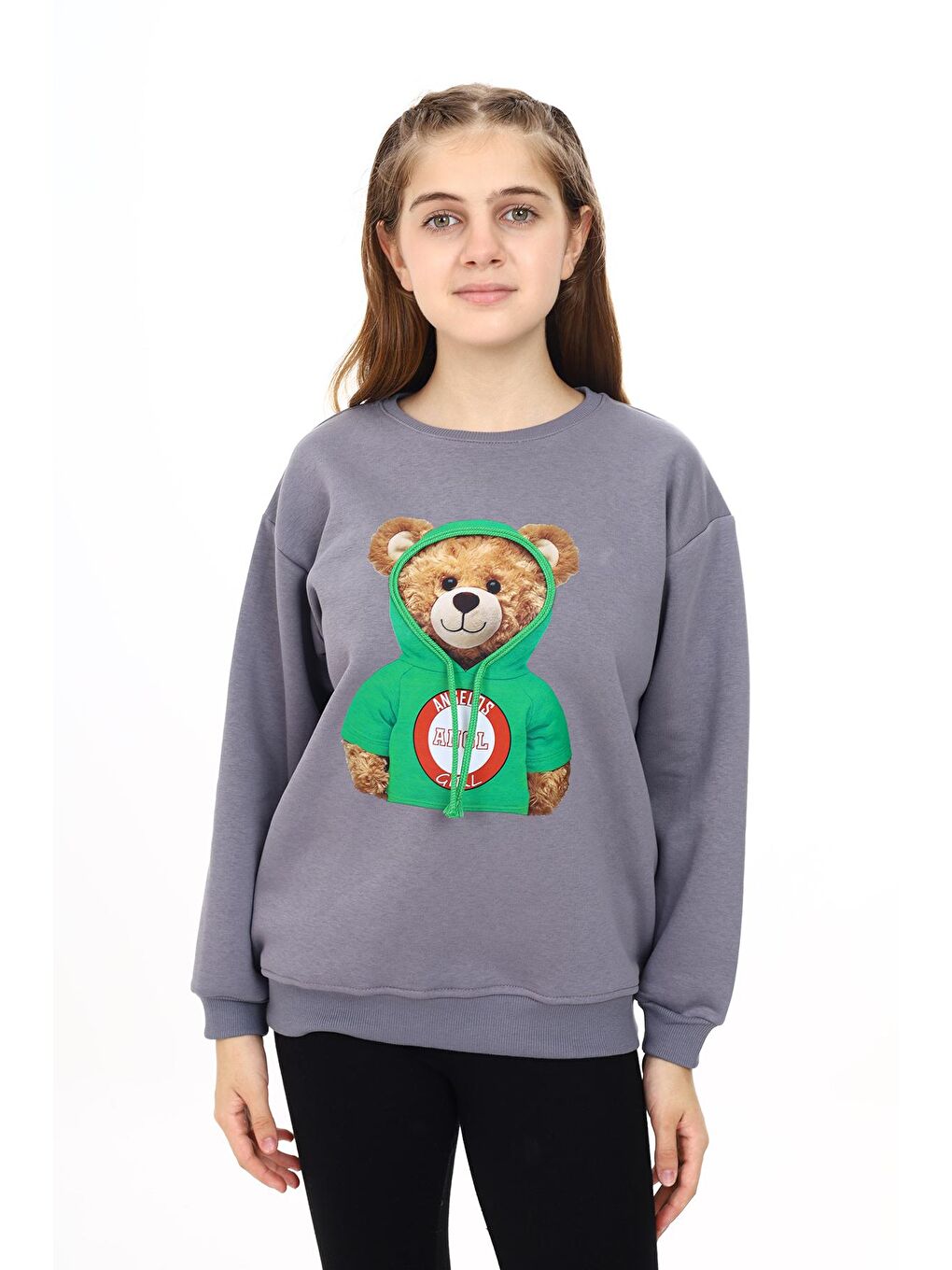 Gri Kız Çocuk Ayıcık Baskılı Sweatshirt 7-13 Yaş Lx282