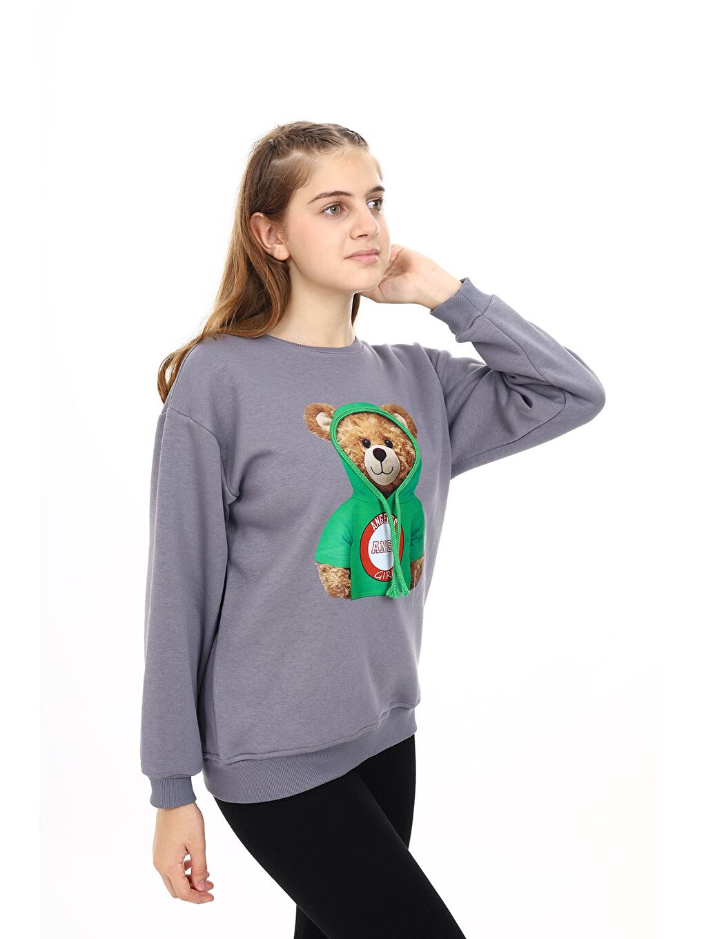 Gri Kız Çocuk Ayıcık Baskılı Sweatshirt 7-13 Yaş Lx282-1
