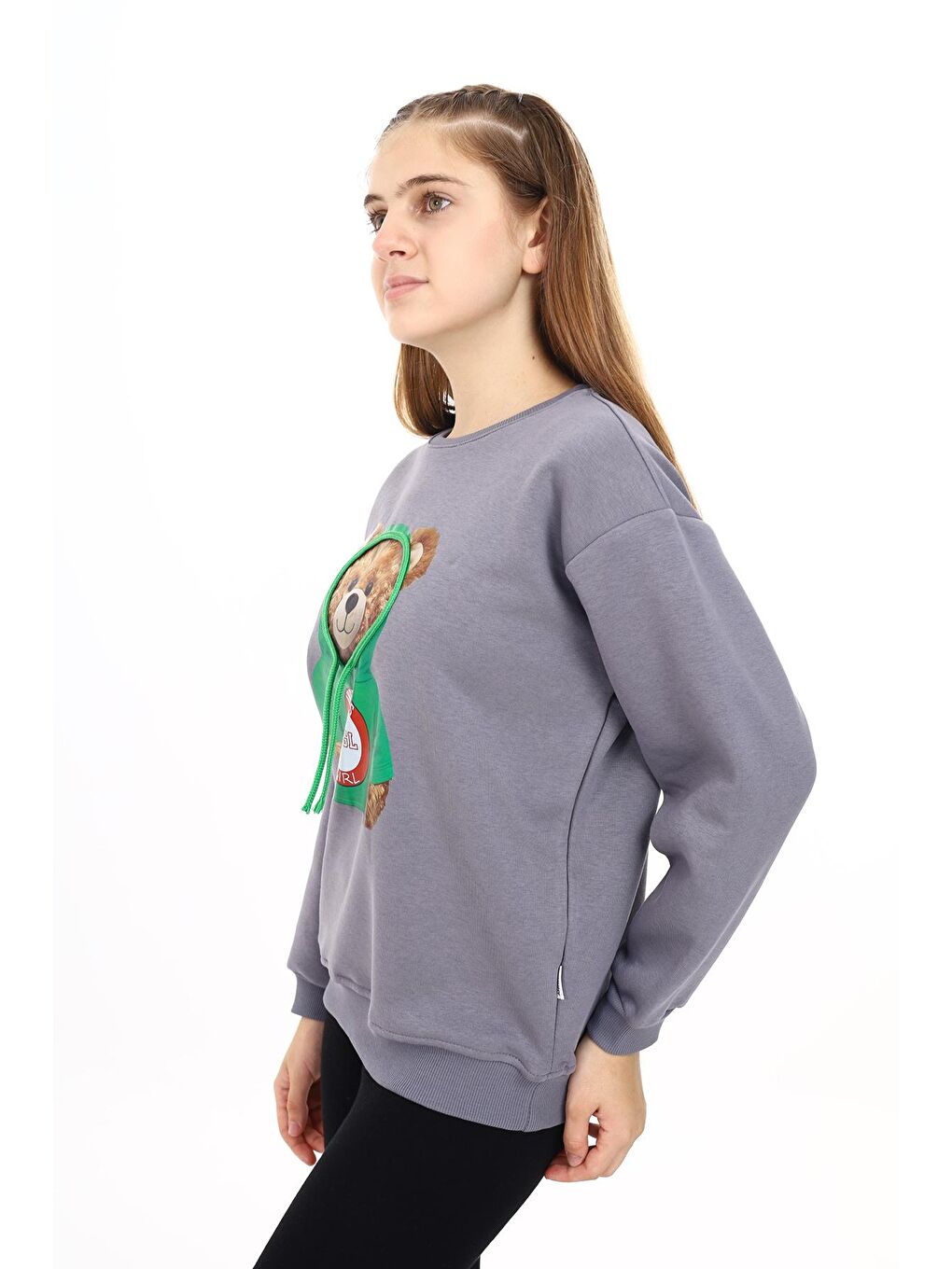 Gri Kız Çocuk Ayıcık Baskılı Sweatshirt 7-13 Yaş Lx282-2