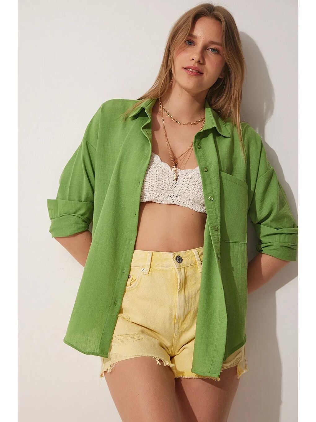 Kadın Fıstık Yeşili Düşük Omuz Cepli Oversize Gömlek-2