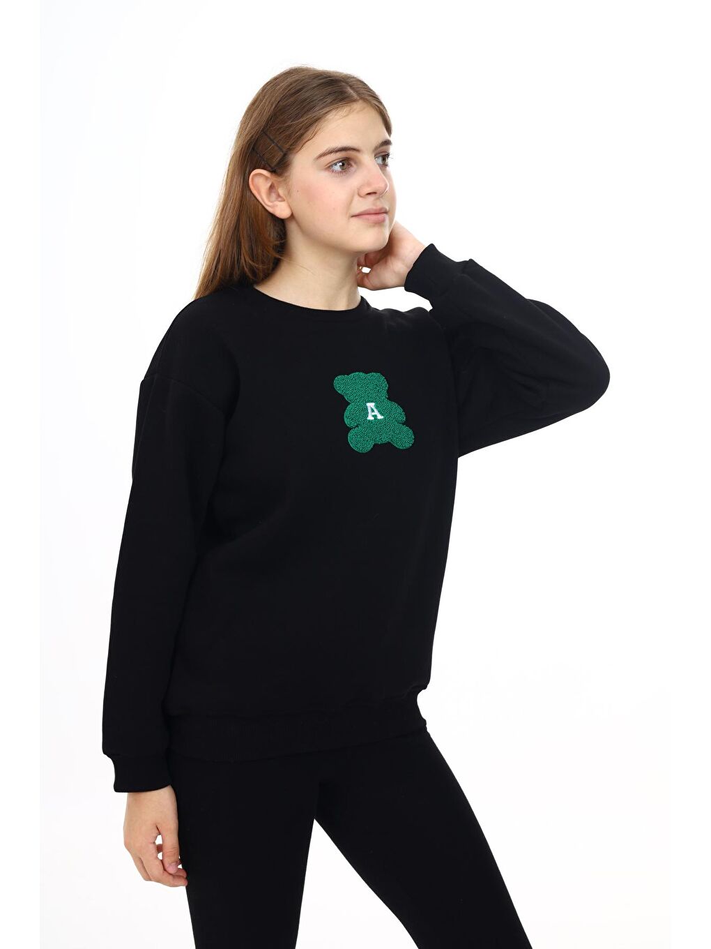 Siyah Kız Çocuk Nakış Baskılı Sweatshirt 7-13 Yaş Lx289.1