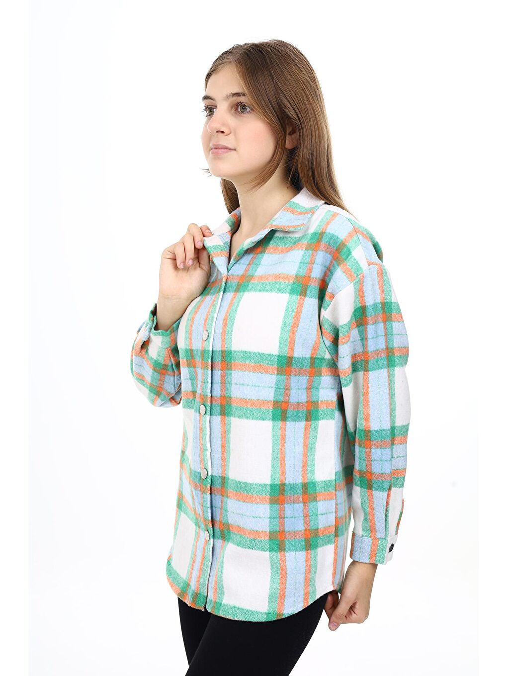 Yeşil Kız Çocuk Ekose Desenli Oduncu Gömlek Lx291-1