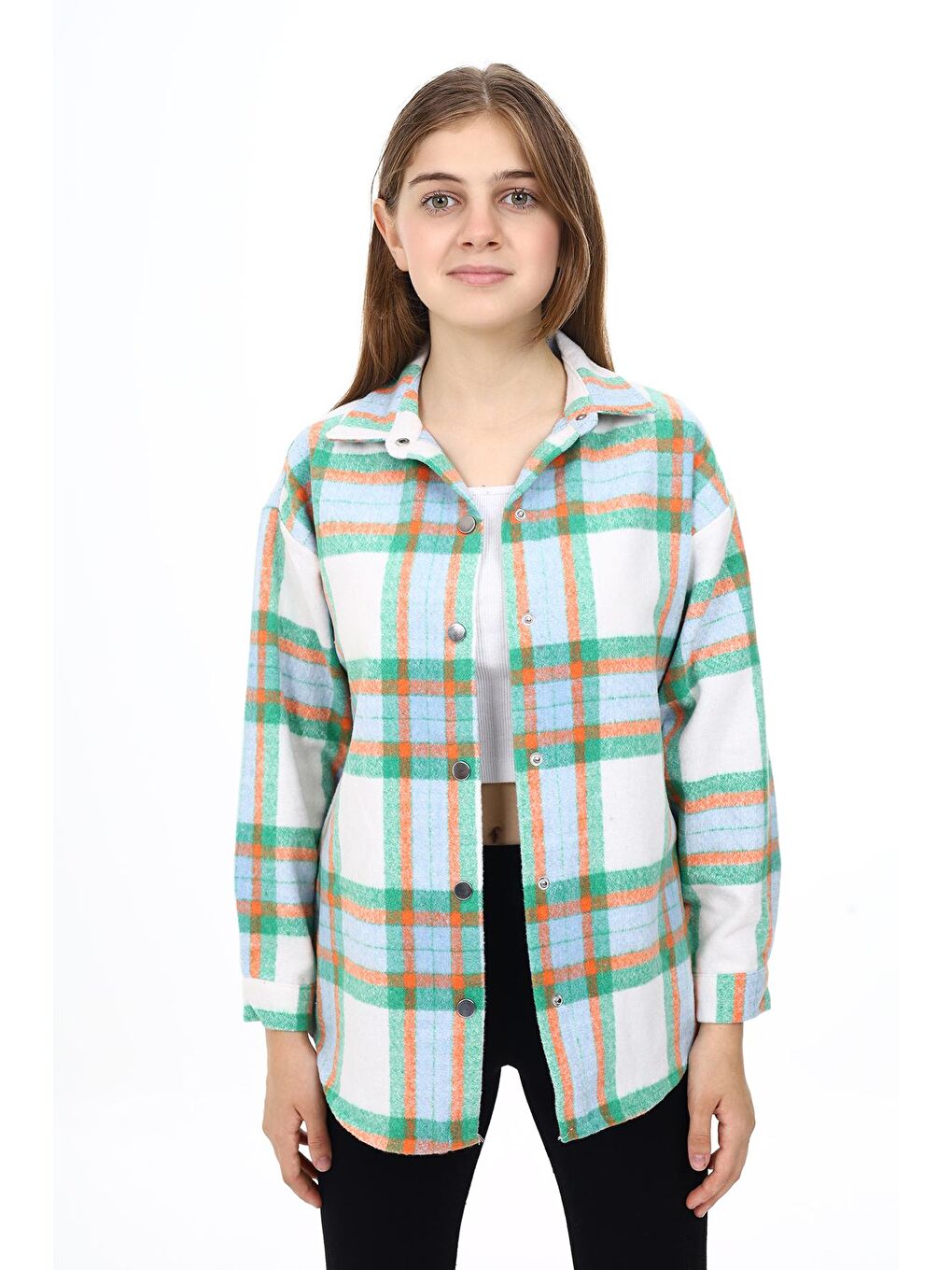 Yeşil Kız Çocuk Ekose Desenli Oduncu Gömlek Lx291-3
