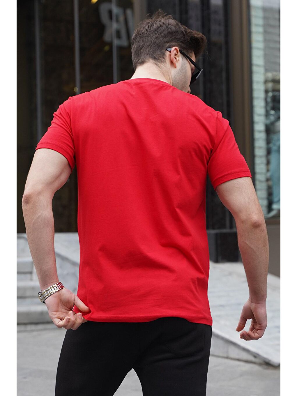 Kırmızı Cepli Baskılı Erkek %100 Pamuk Tişört 5861-1