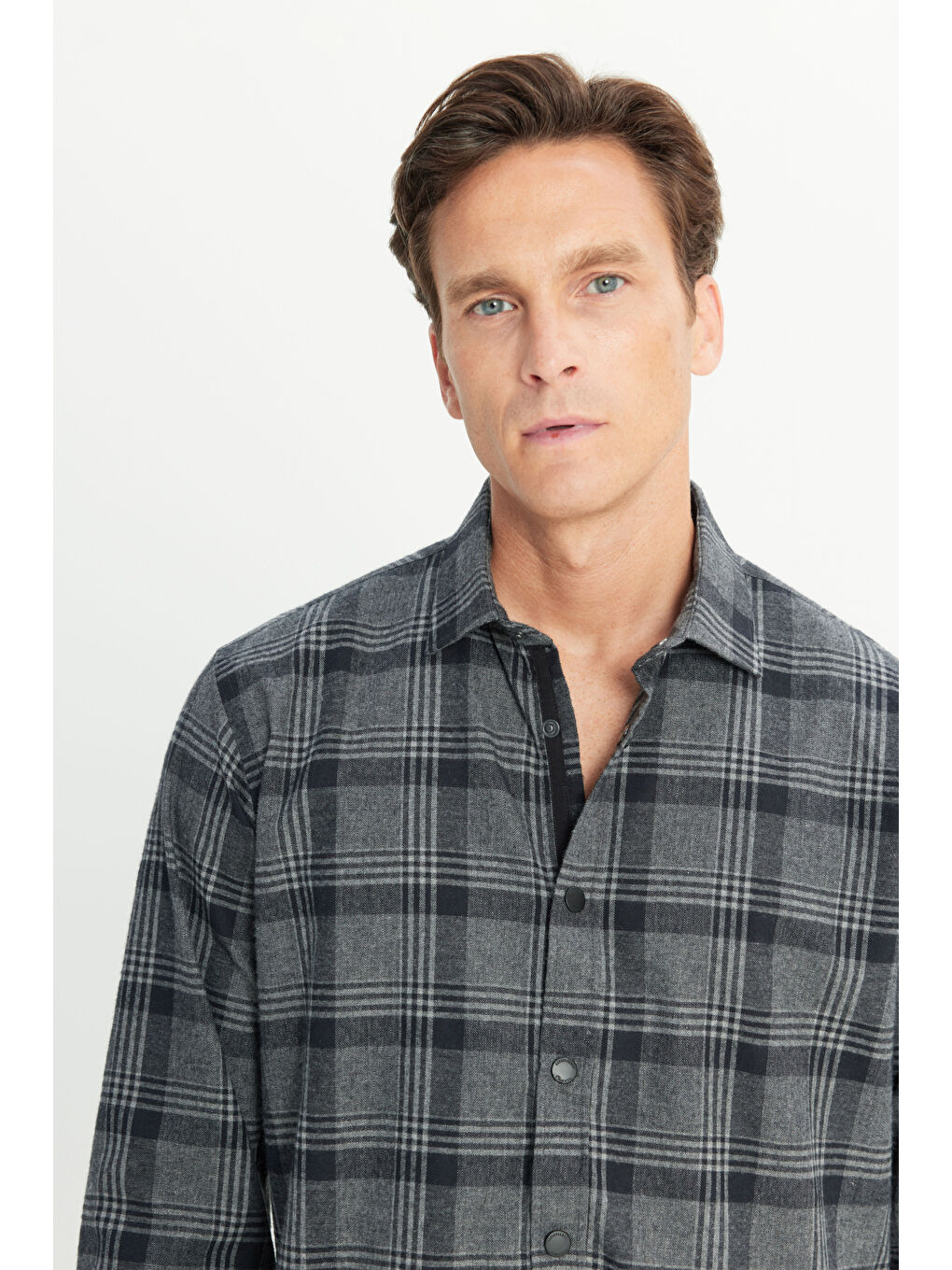 Erkek Antrasit Pamuklu Flanel Comfort Fit Rahat Kesim Klasik Yaka Ekose Desenli Gömlek-3