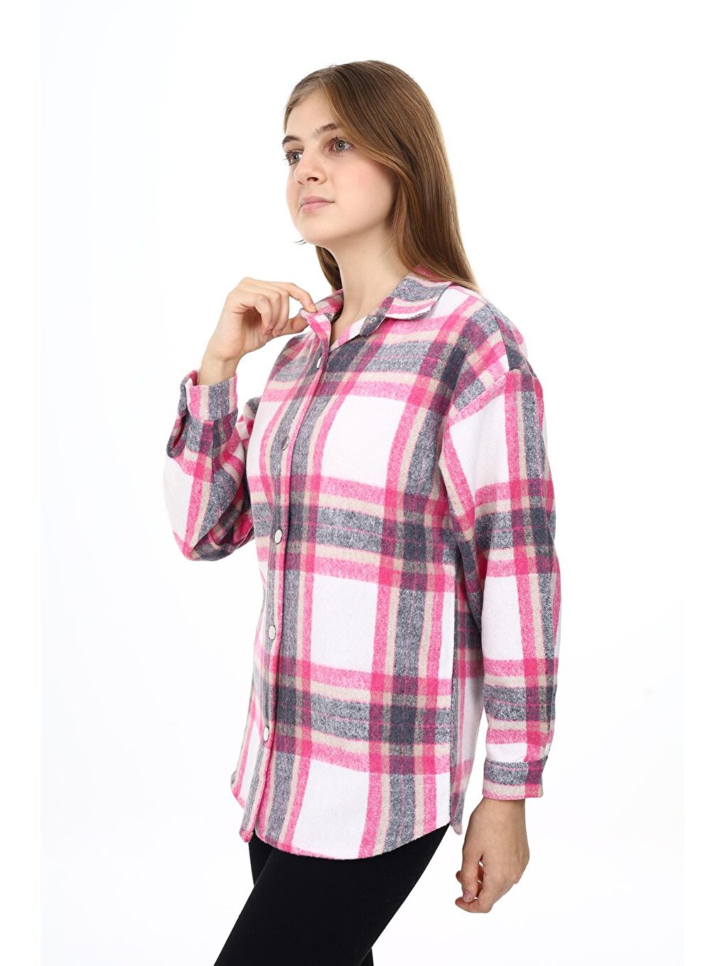 Fuşya Kız Çocuk Ekose Desenli Oduncu Gömlek Lx291-1