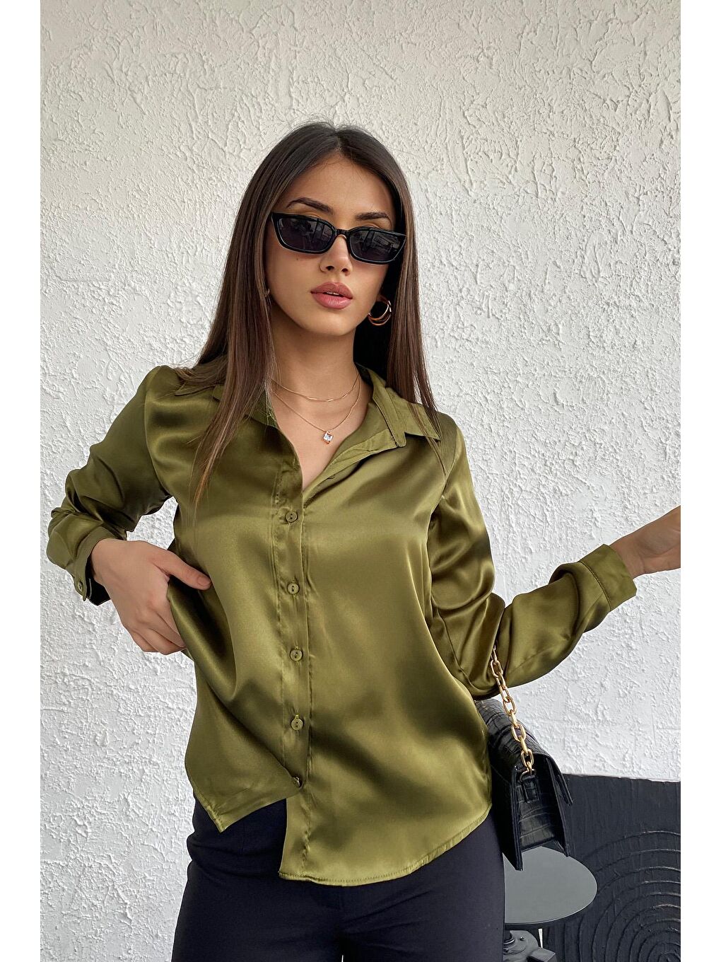 Kadın Haki Dökümlü Viskon Basic Saten Gömlek