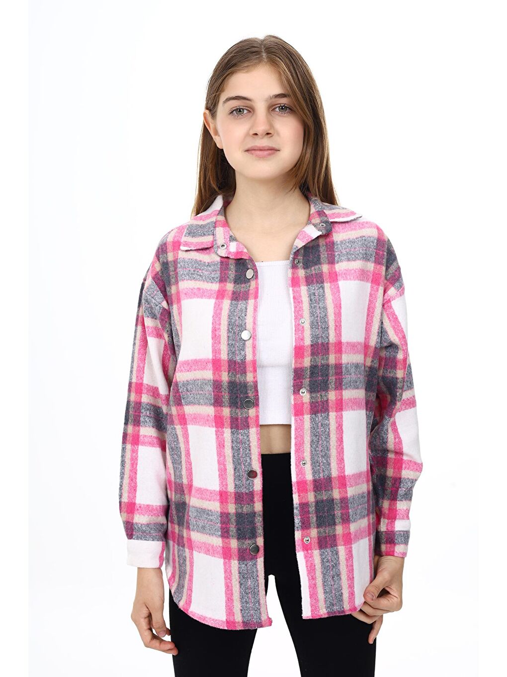 Fuşya Kız Çocuk Ekose Desenli Oduncu Gömlek Lx291-2
