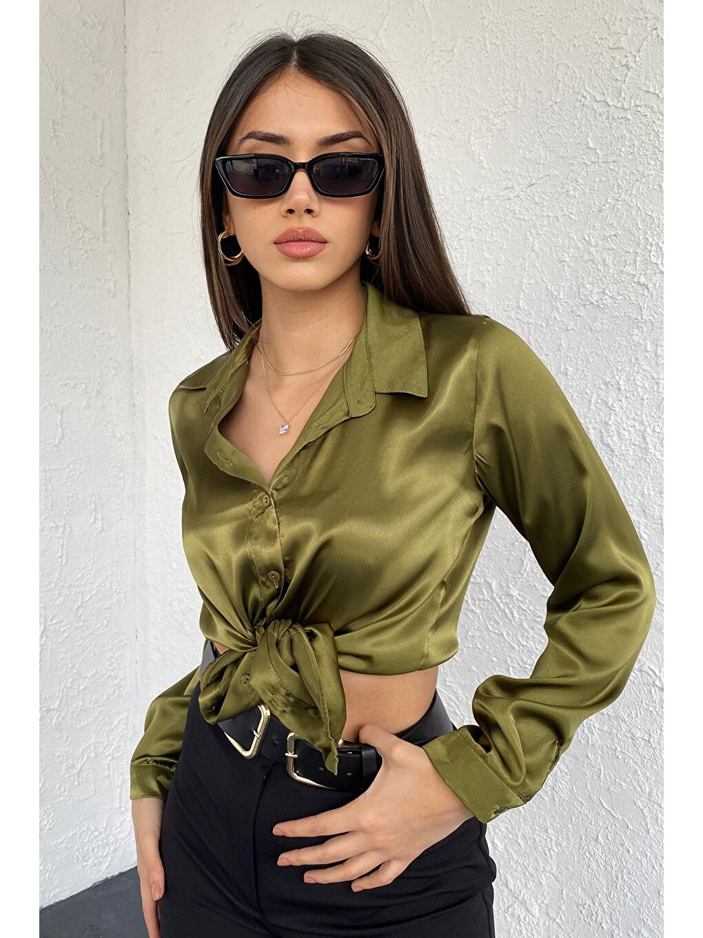 Kadın Haki Dökümlü Viskon Basic Saten Gömlek-1