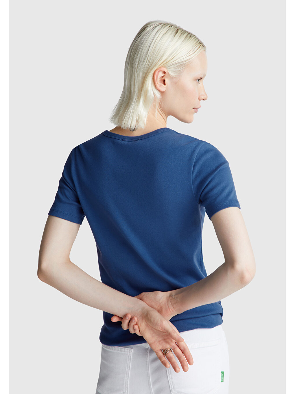 Kadın Gece Mavisi 100 Pamuk Benetton Yazılı Basic T Shirt-2