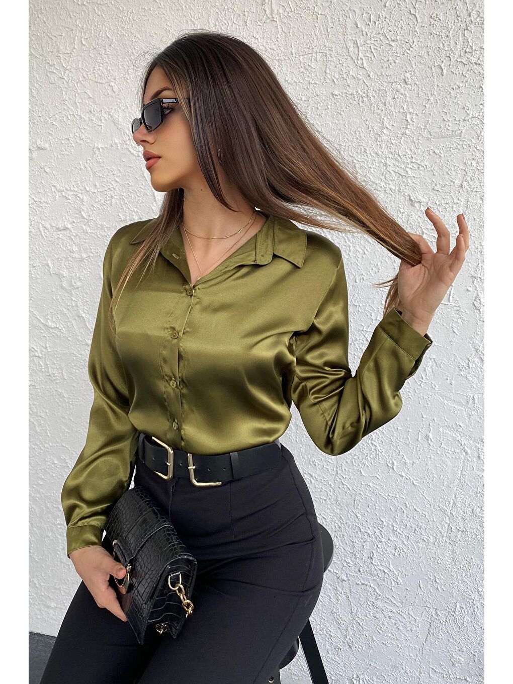 Kadın Haki Dökümlü Viskon Basic Saten Gömlek-2