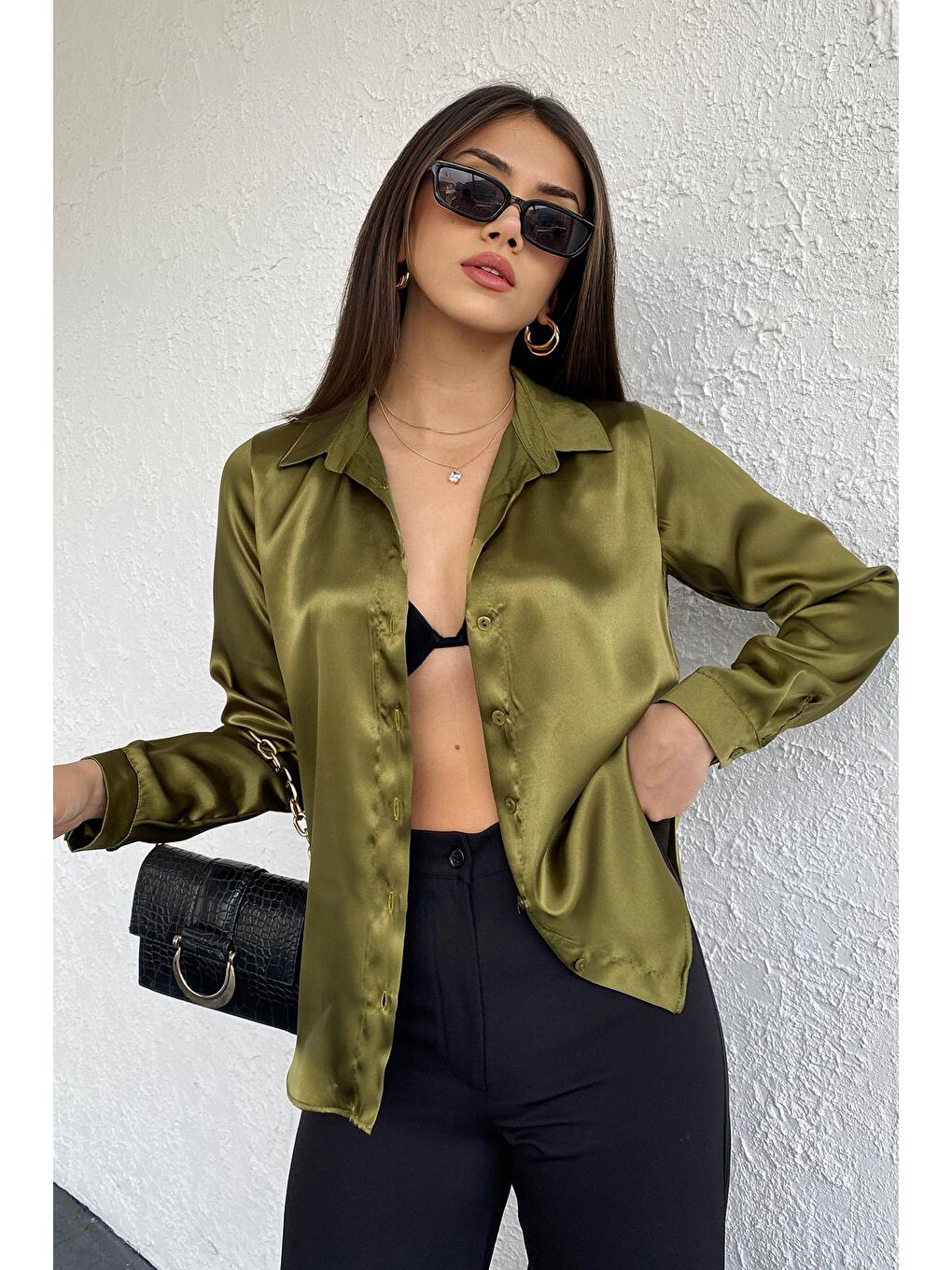 Kadın Haki Dökümlü Viskon Basic Saten Gömlek-3
