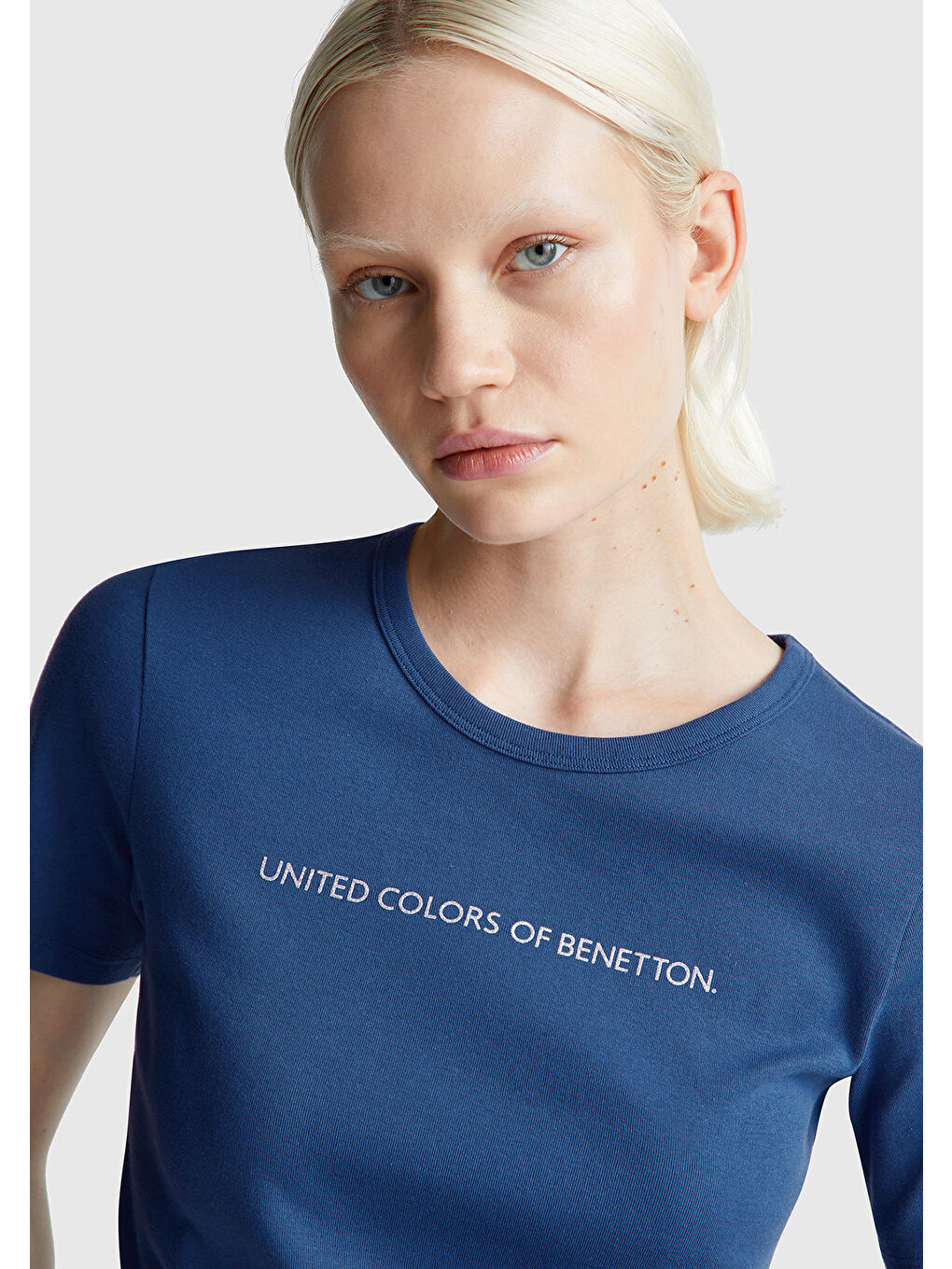 Kadın Gece Mavisi 100 Pamuk Benetton Yazılı Basic T Shirt-5