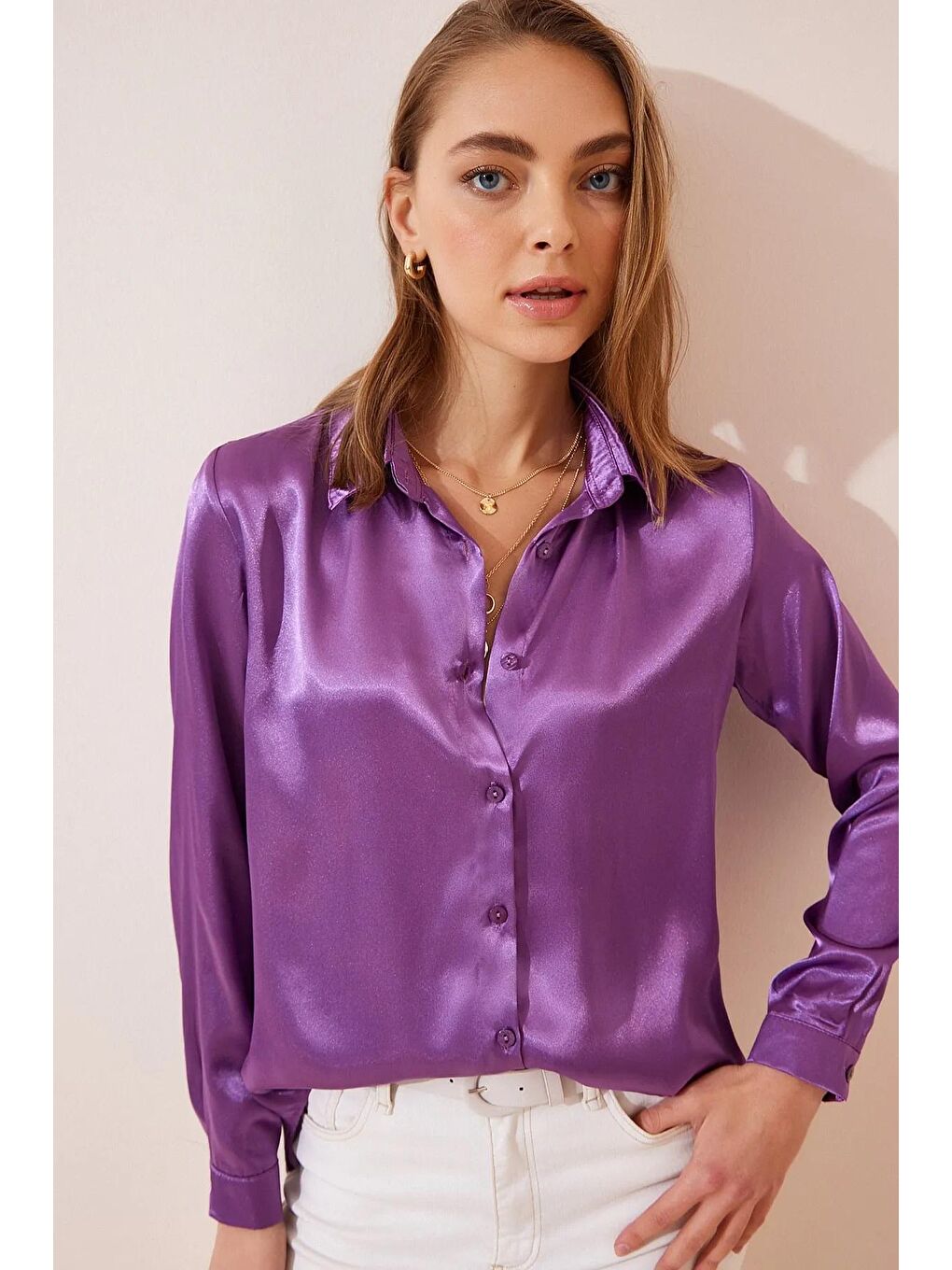 Kadın Mor Dökümlü Viskon Basic Saten Gömlek