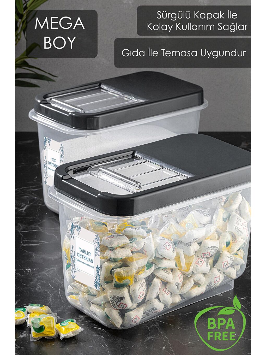 Antrasit 2'li 10 lt Kayar Kapaklı Tablet Deterjan Saklama Kutusu