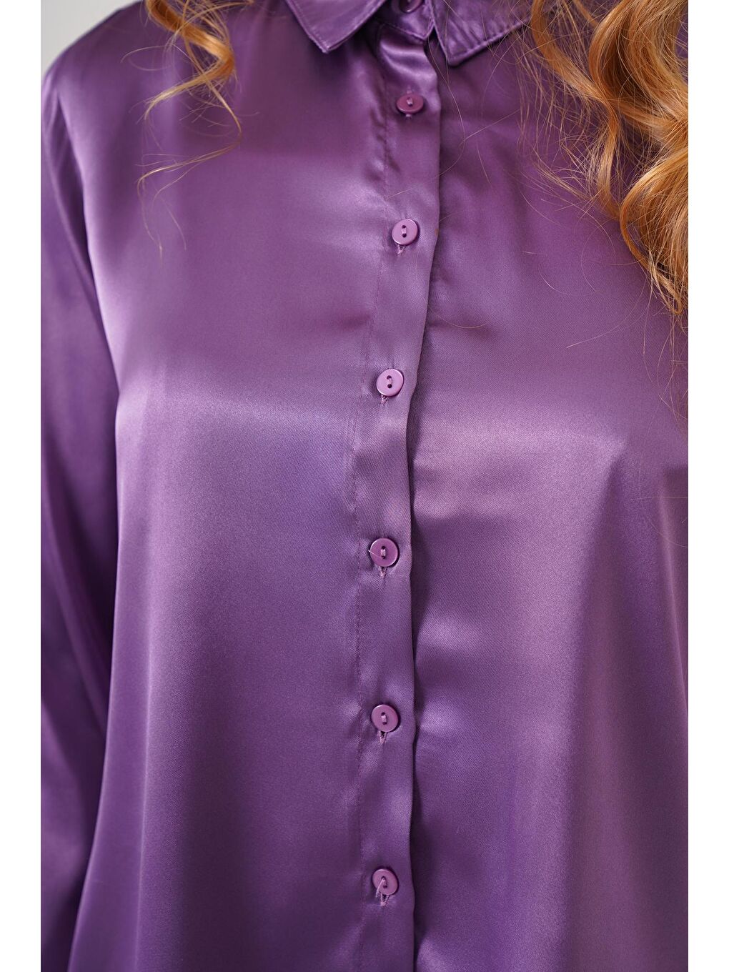 Kadın Mor Dökümlü Viskon Basic Saten Gömlek-2