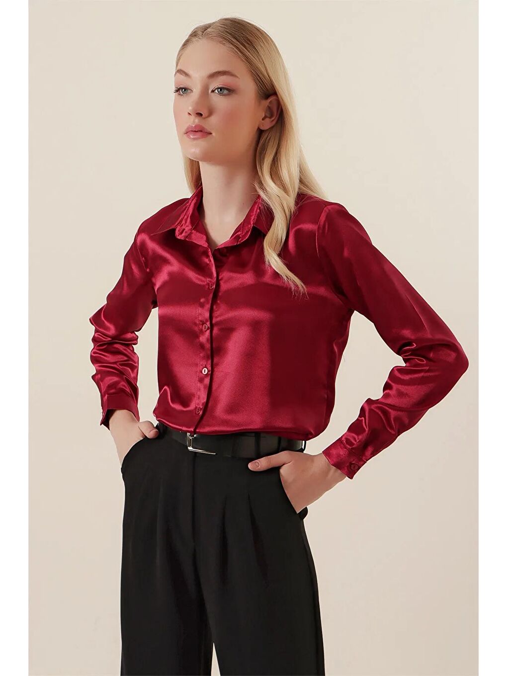 Kadın Bordo Dökümlü Viskon Basic Saten Gömlek