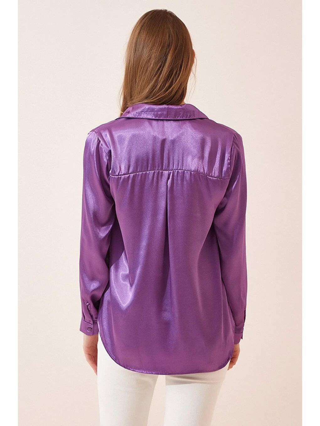 Kadın Mor Dökümlü Viskon Basic Saten Gömlek-3