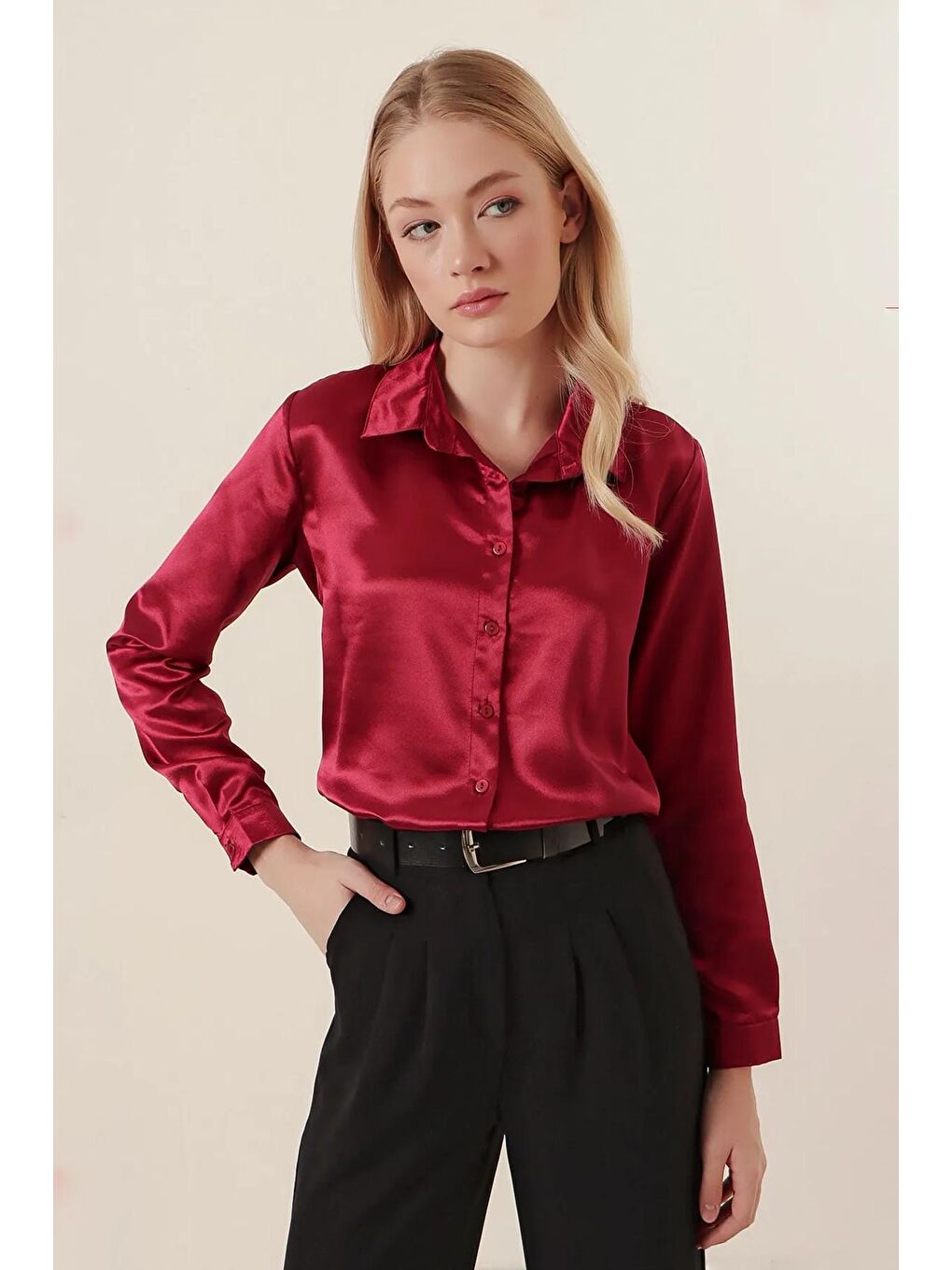 Kadın Bordo Dökümlü Viskon Basic Saten Gömlek-1