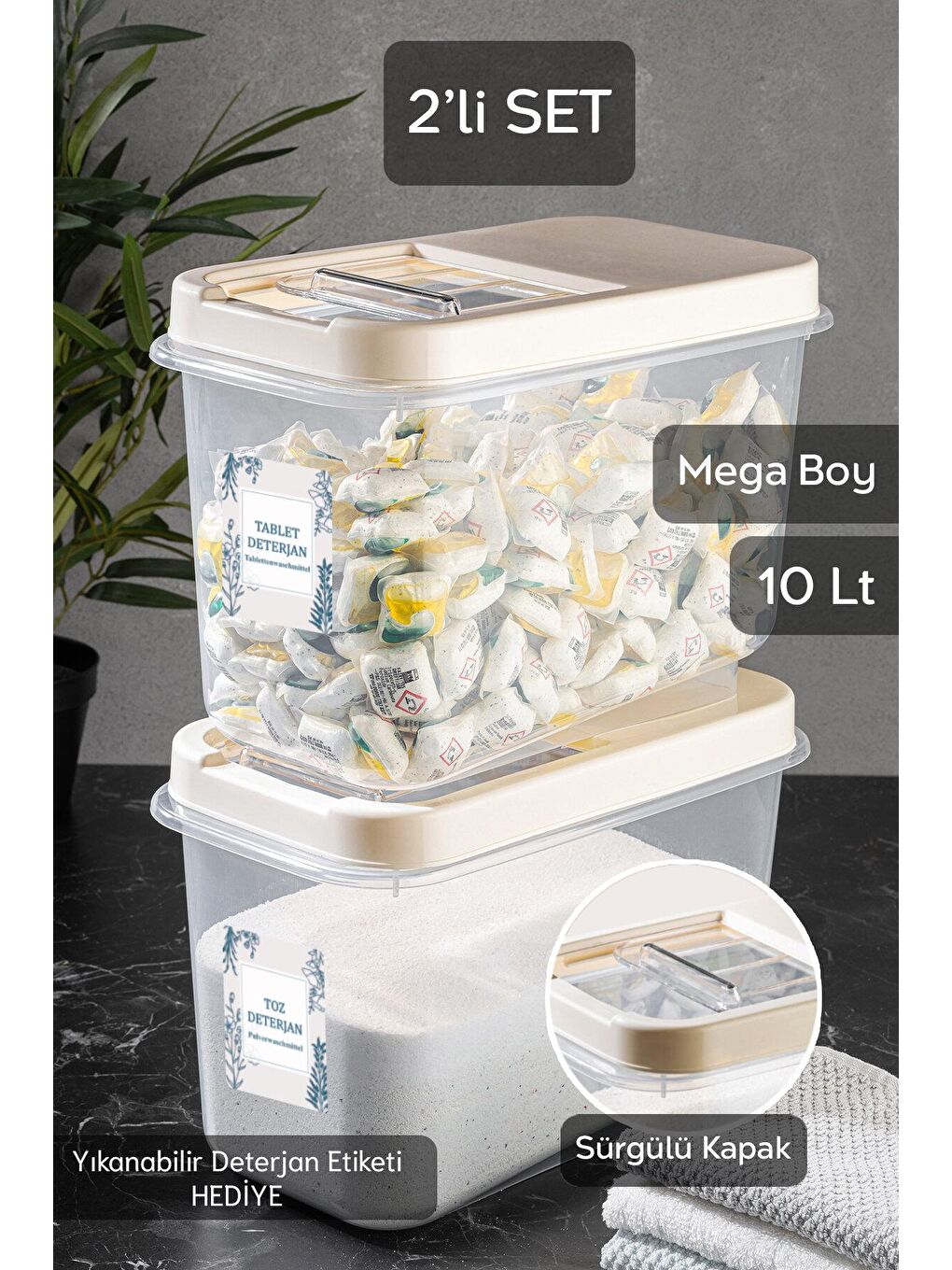 Antrasit 2'li 10 lt Kayar Kapaklı Tablet Deterjan Saklama Kutusu-2