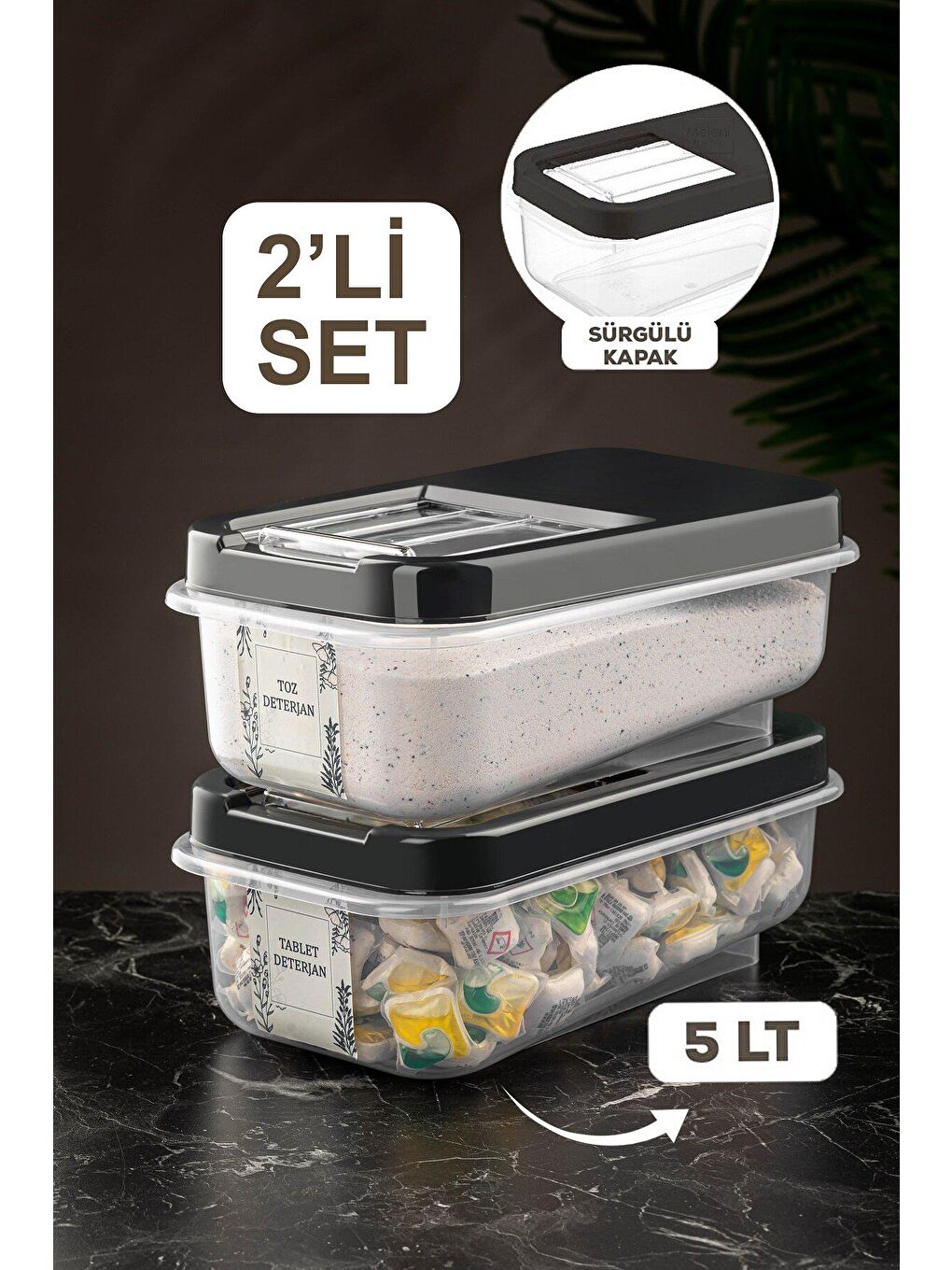 Antrasit 2'li 5 lt Kayar Kapaklı Tablet Deterjan Saklama Kutusu-1