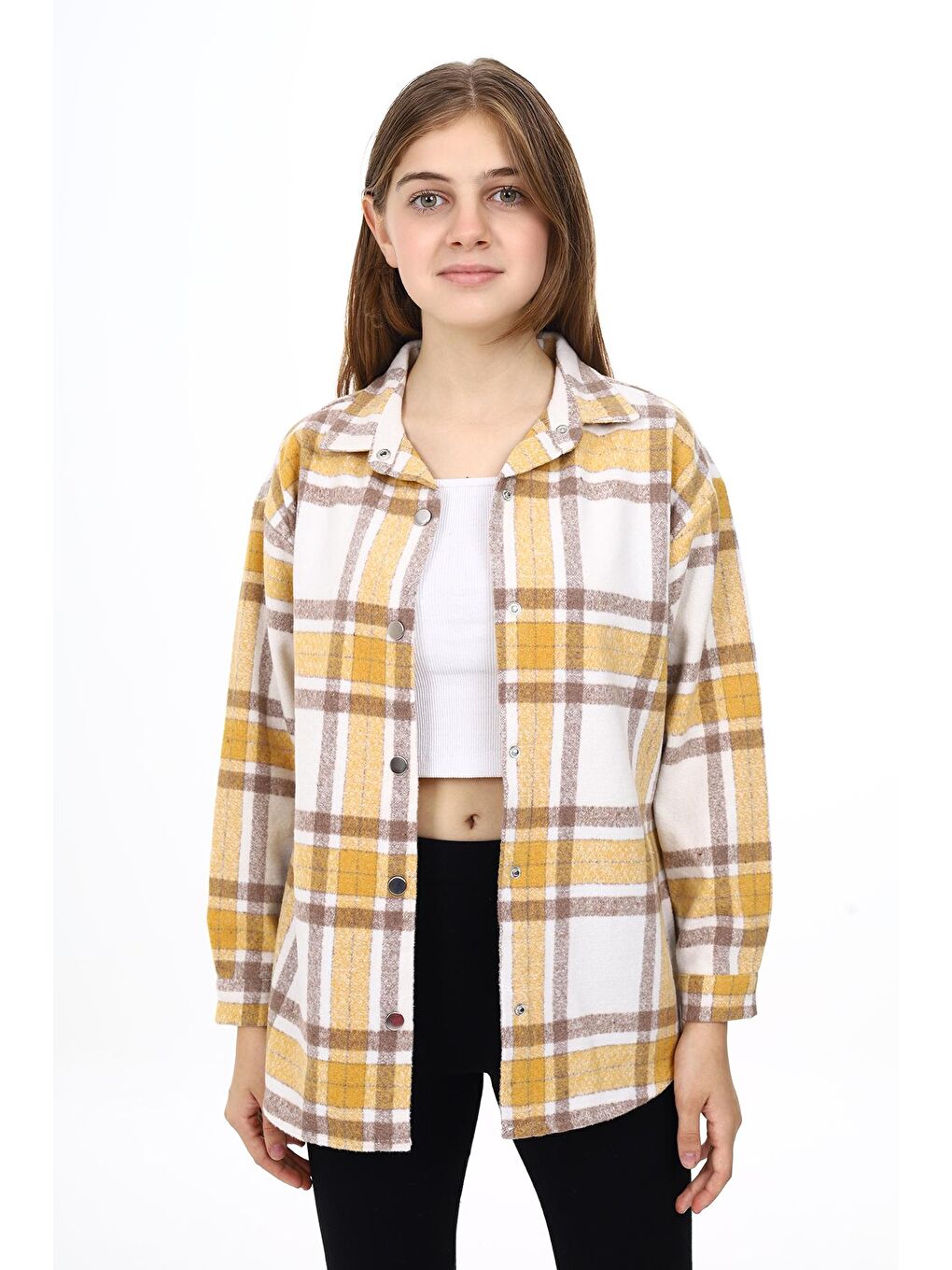 Sarı Kız Çocuk Ekose Desenli Oduncu Gömlek Lx291-3
