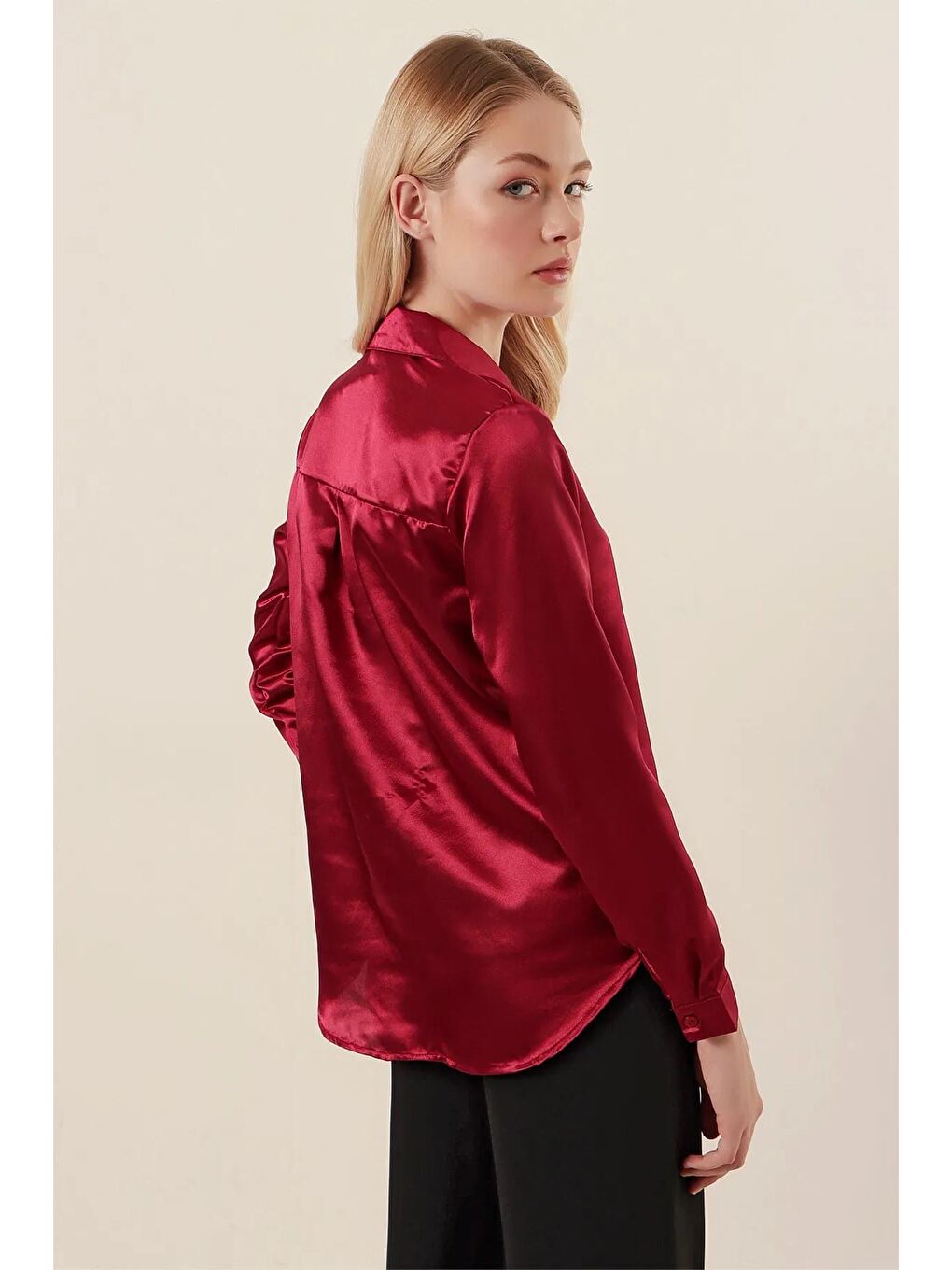 Kadın Bordo Dökümlü Viskon Basic Saten Gömlek-2
