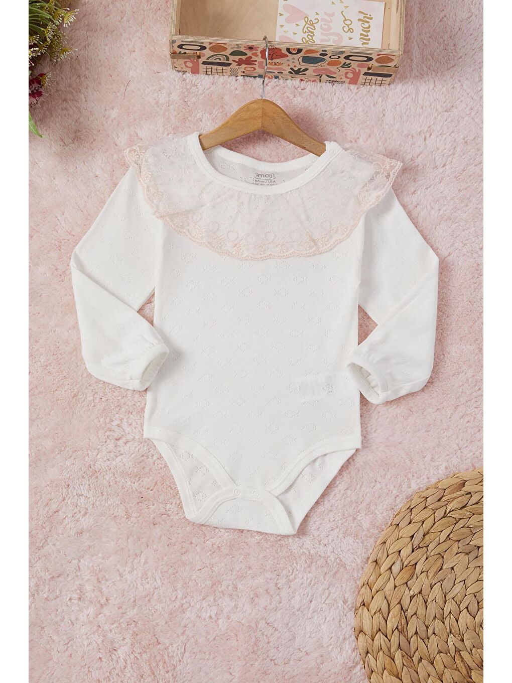 Ekru Kız Bebek Dantel Yakalı Uzun Kol Çıtçıtlı Badi 16842