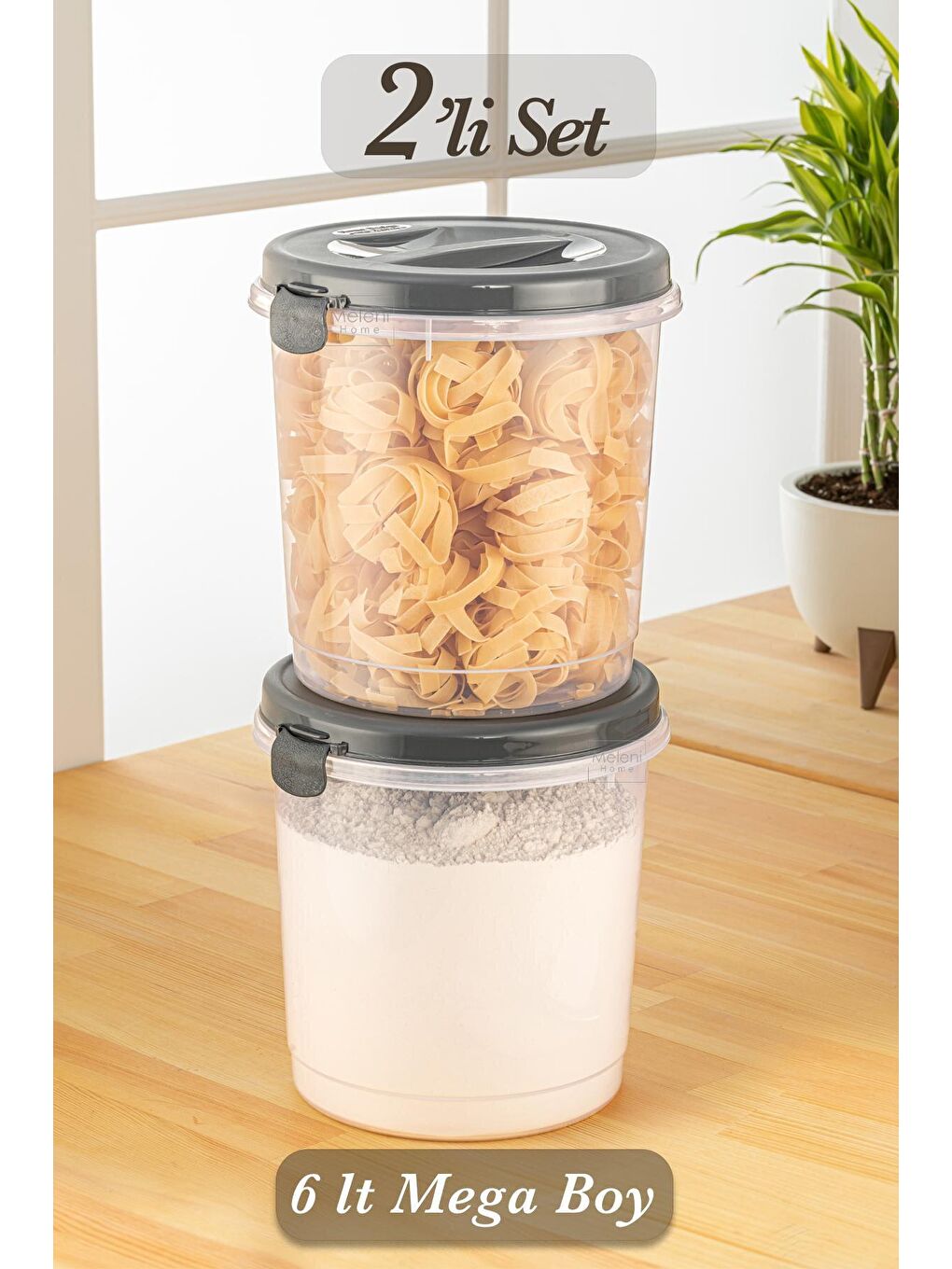 Antrasit 2’li Set Un Makarna Bakliyat Saklama Kabı – Şeffaf Saklama Kutusu 2x 6 lt